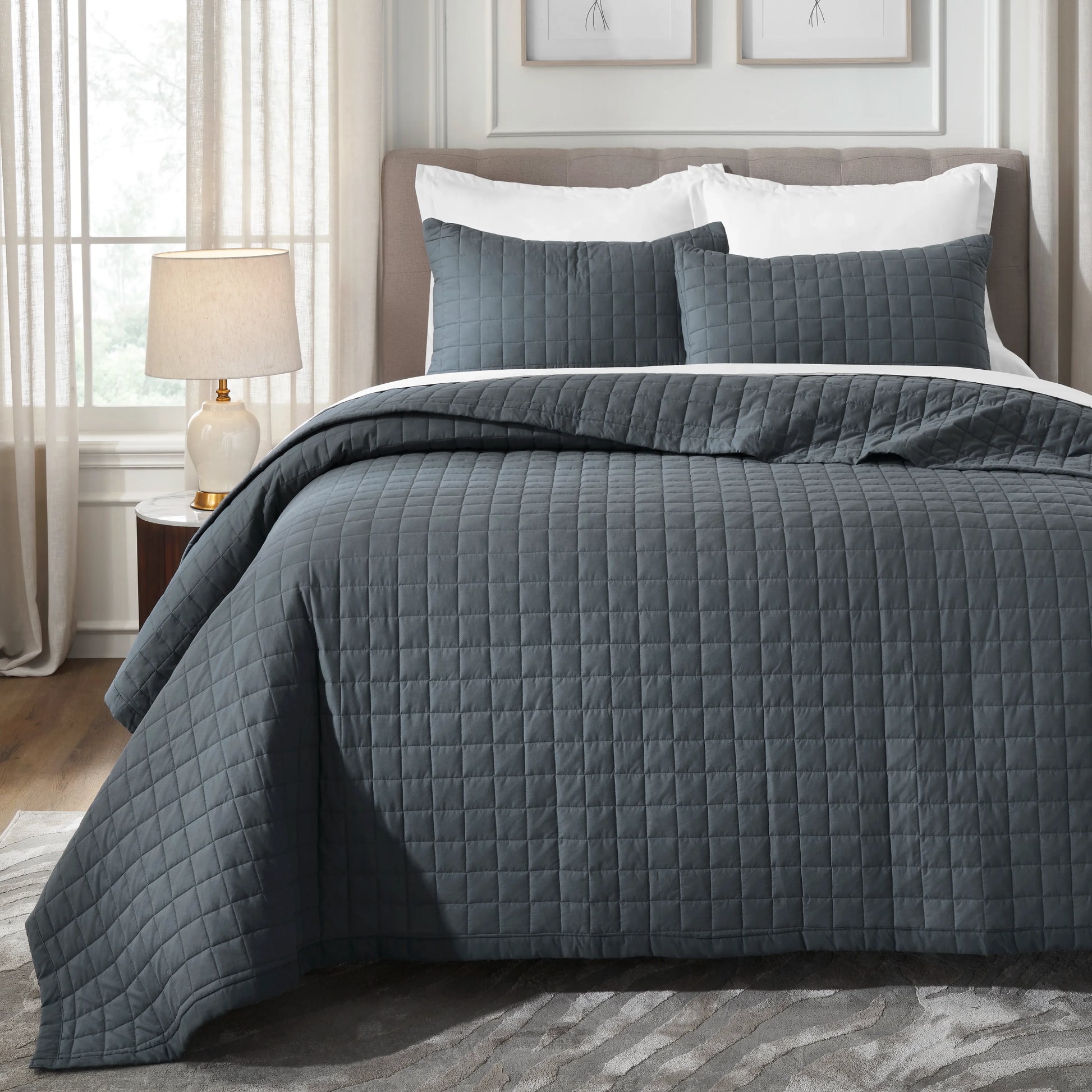 Nuvola | Luxurious Solid Dyed Box Quilted Cotton Bedcover Set Charcoal