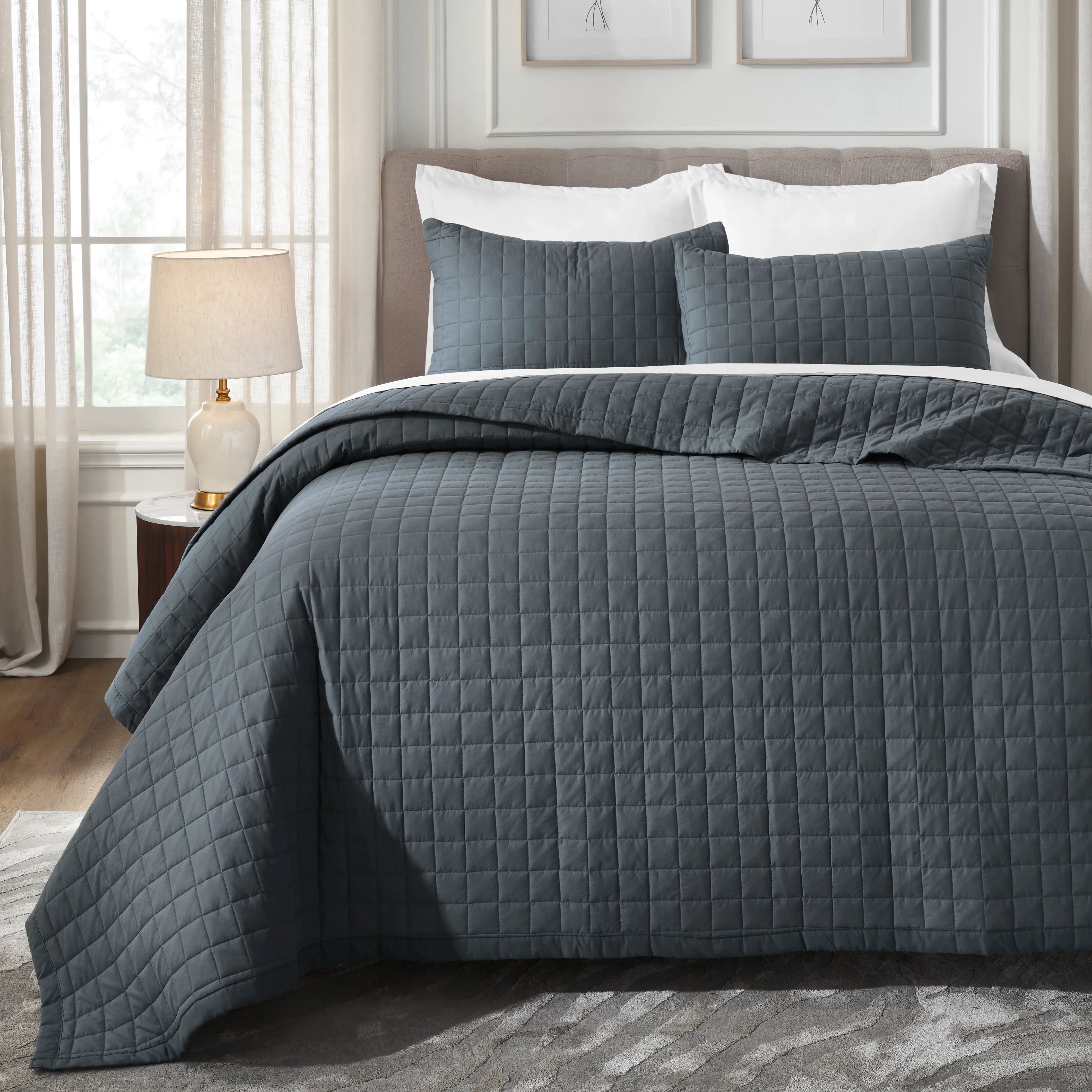 Nuvola | Luxurious Solid Dyed Box Quilted Cotton Bedcover Set Charcoal