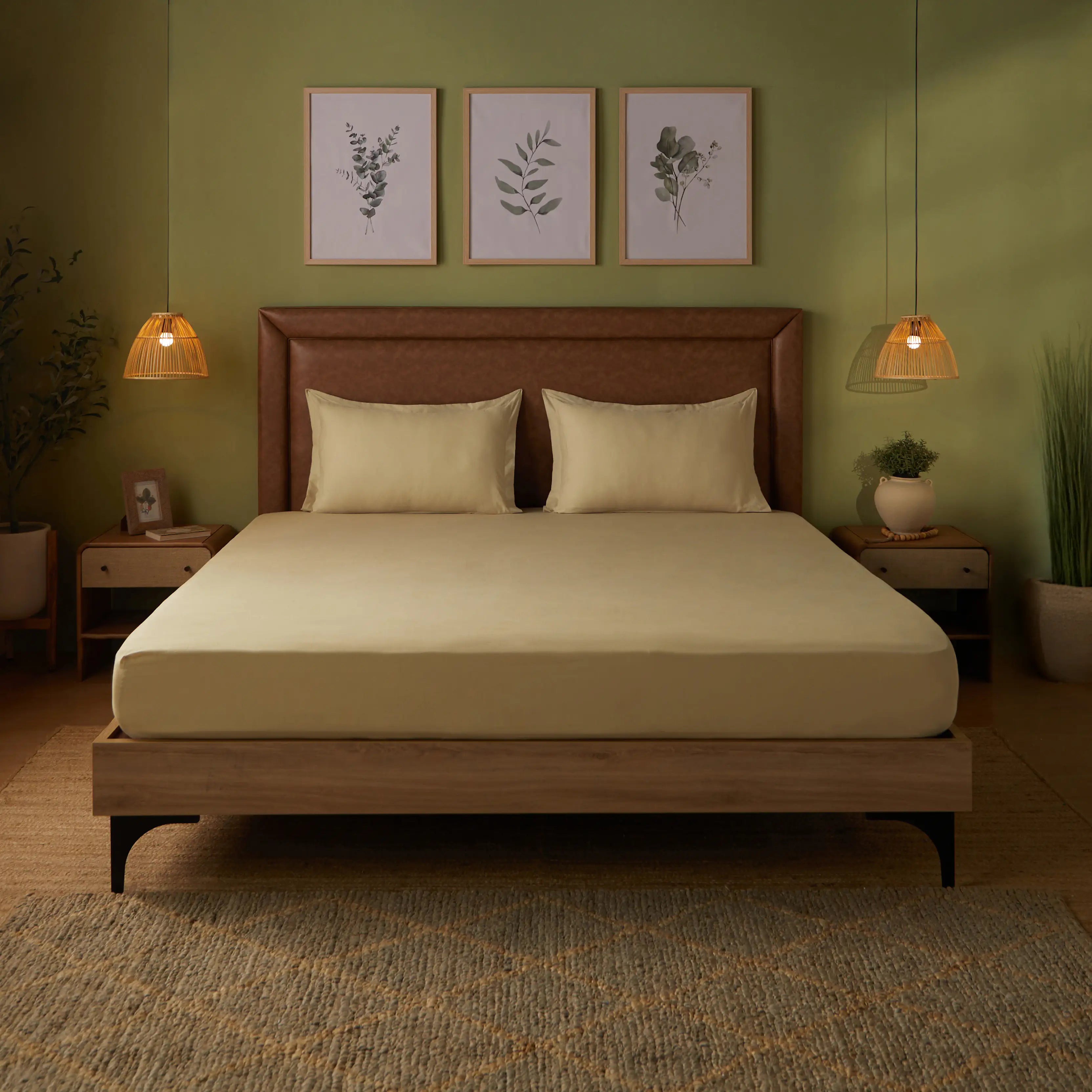 Paleto | Everyday Hues Solid Dyed Cotton Fitted Sheet Set-Beige Beige / Queen