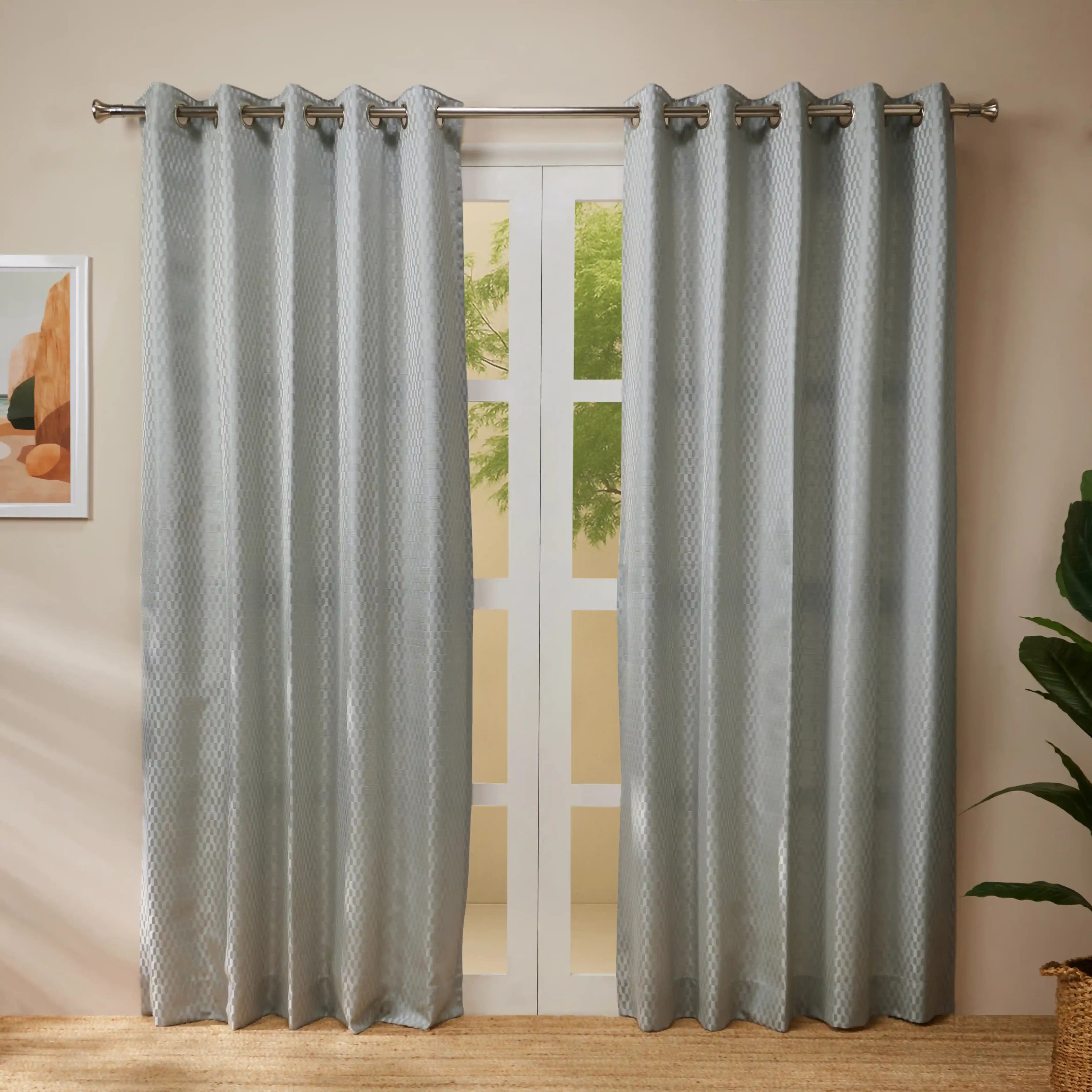 De Jacquard - Classic Set Of 2 Jacquard Readymade Curtains | Rolling Rhythm Twilight Mist / Door-XL (9ft X 4.4ft)