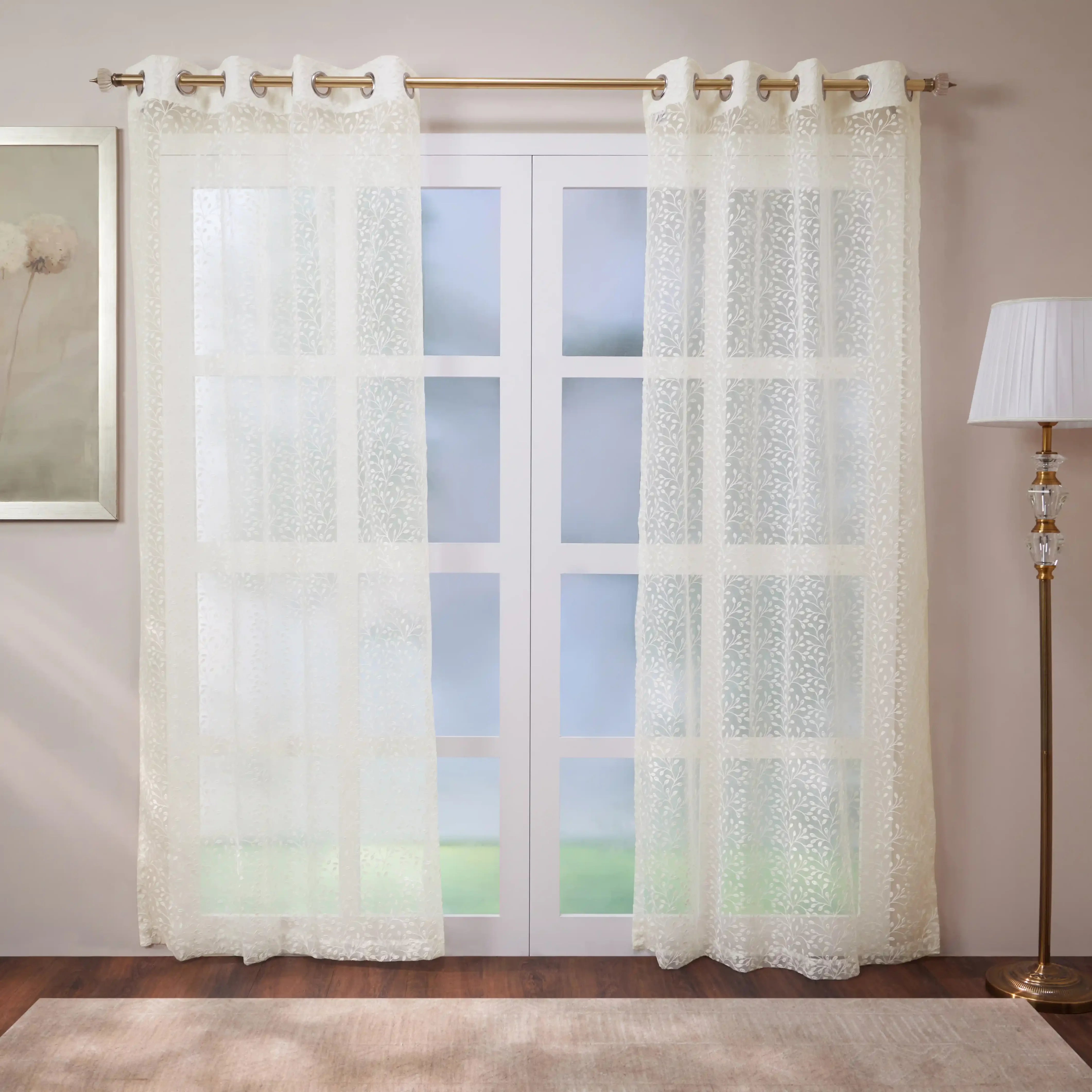 Velina Set Of 2 Embroidered Sheer Readymade Curtains | Threaded Story Glacier Whisper / Door (3.60ft X 7.22ft)