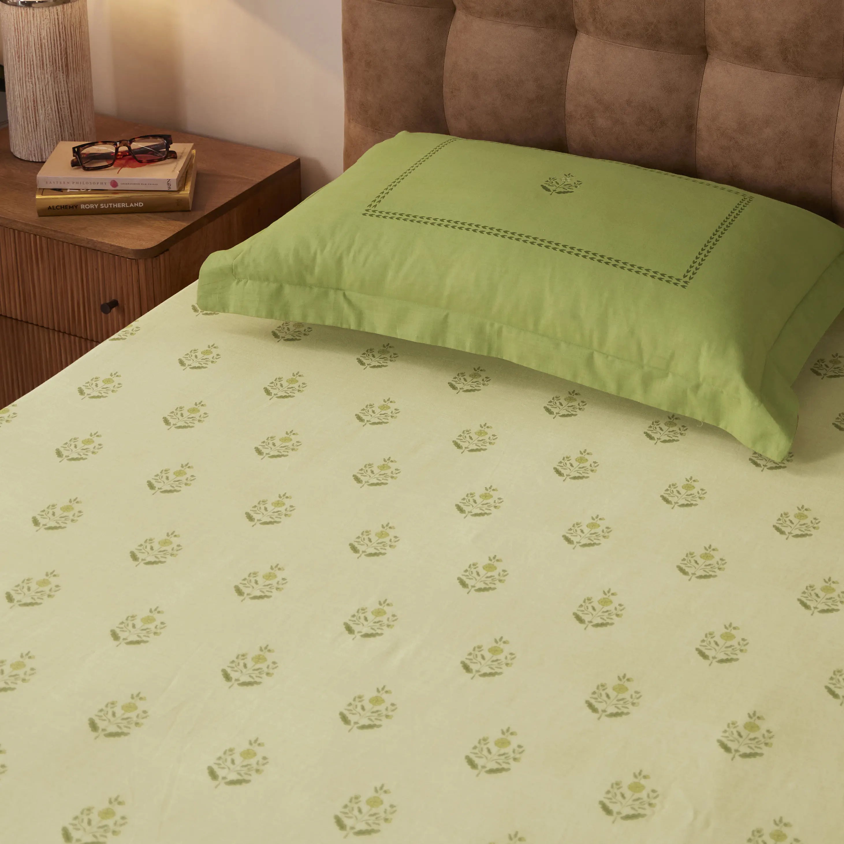 Chippa Lane | Contemporary Indian Print Design Cotton Bedsheet Set-Indian Moss Indian Moss / Single
