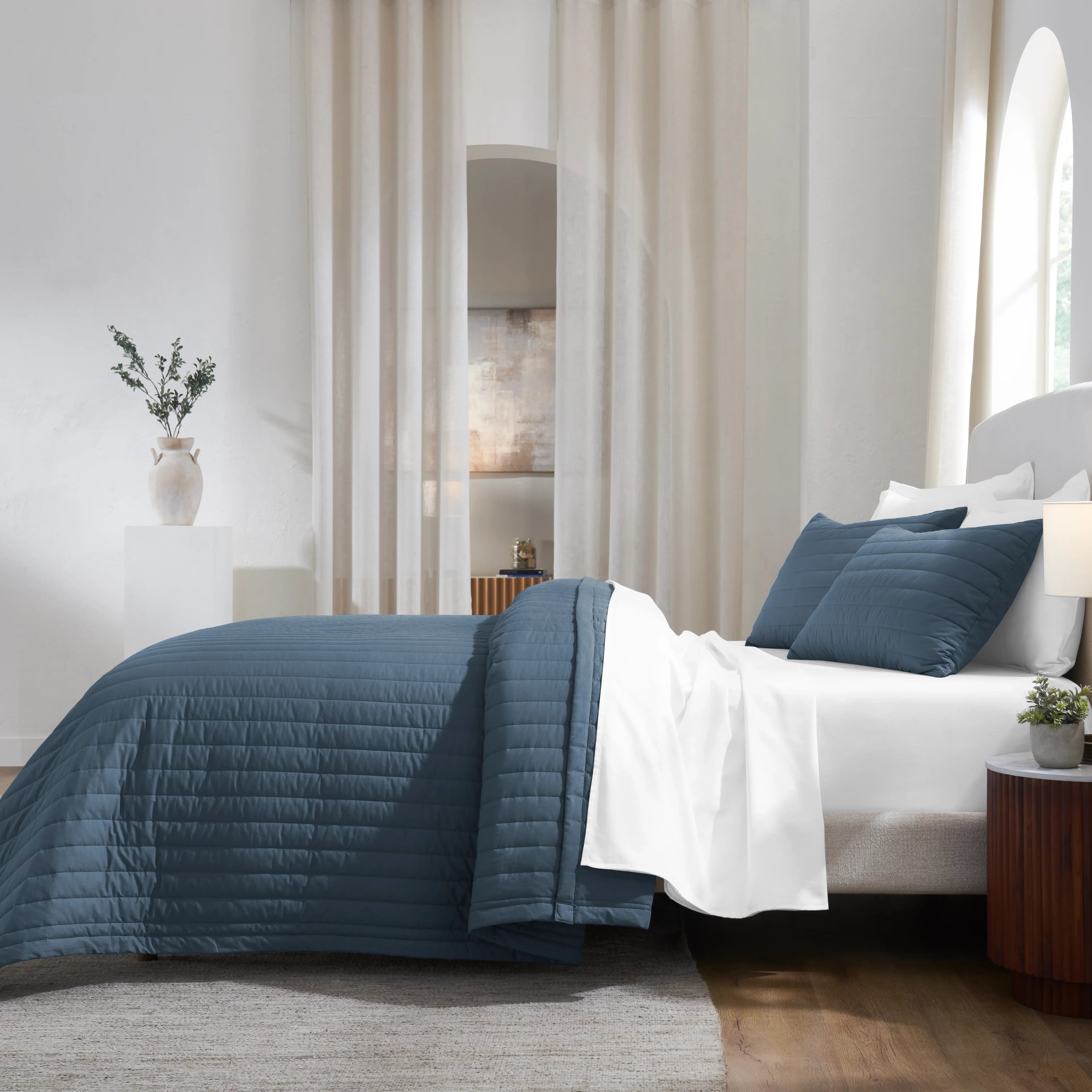Nuvola | Luxurious Solid Dyed Straight Quilted Cotton Bedcover Set Estate Blue