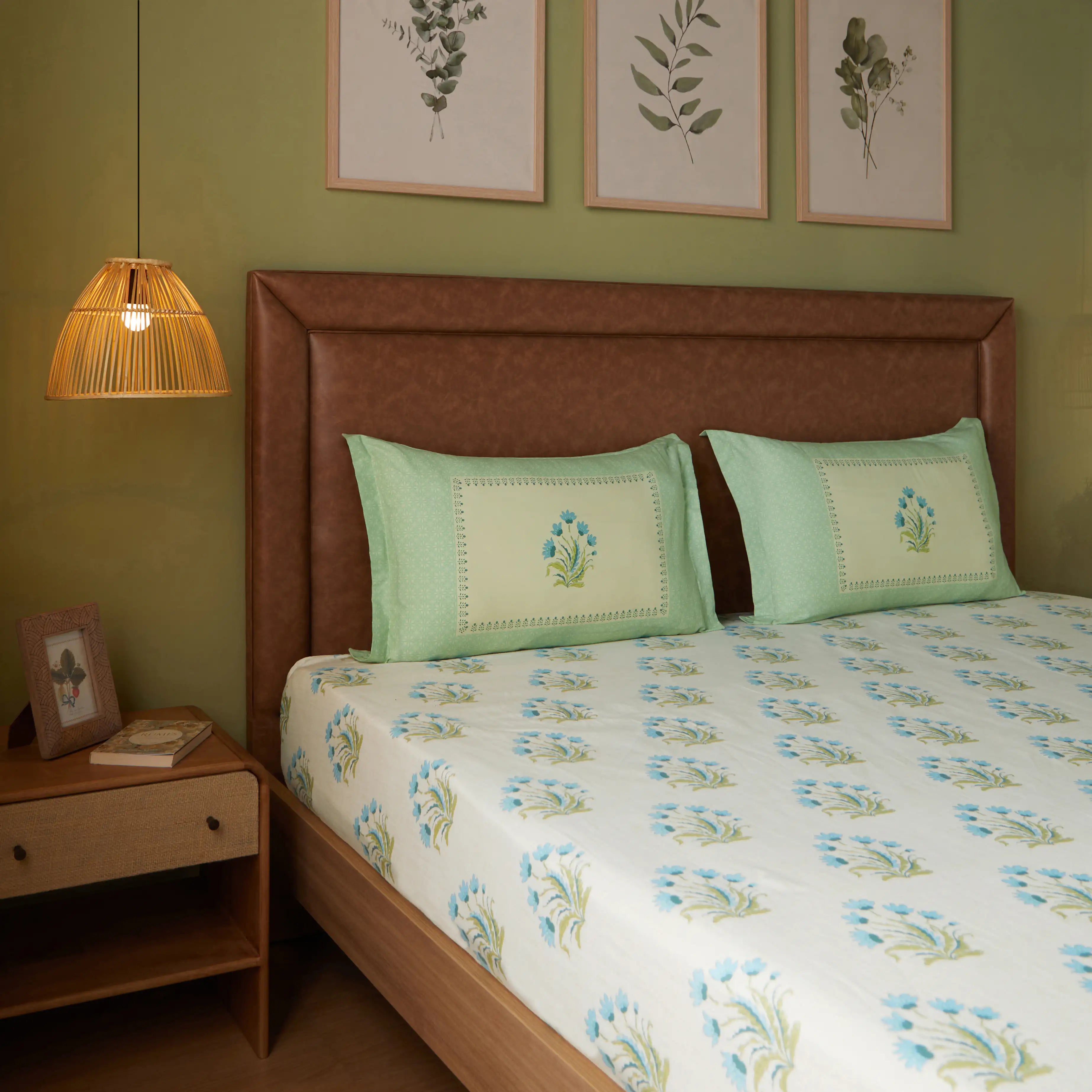 Chippa Lane | Contemporary Indian Print Design Cotton Fitted Sheet Set-Indian Sage Indian Sage / Queen
