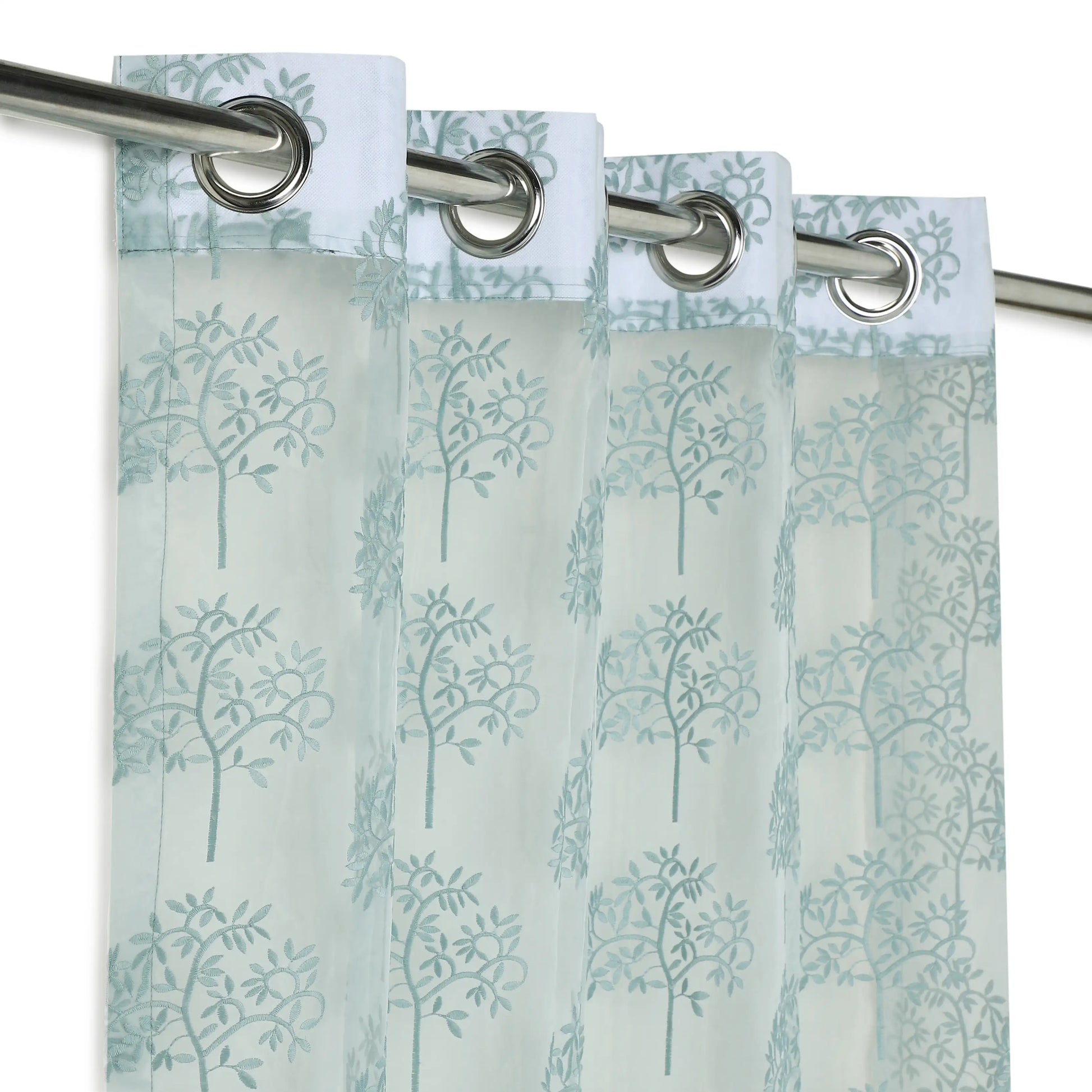 Velina Set Of 2 Embroidered Sheer Readymade Curtains | Botanical Trails Lagoon Blue / Door (3.60ft X 7.22ft)