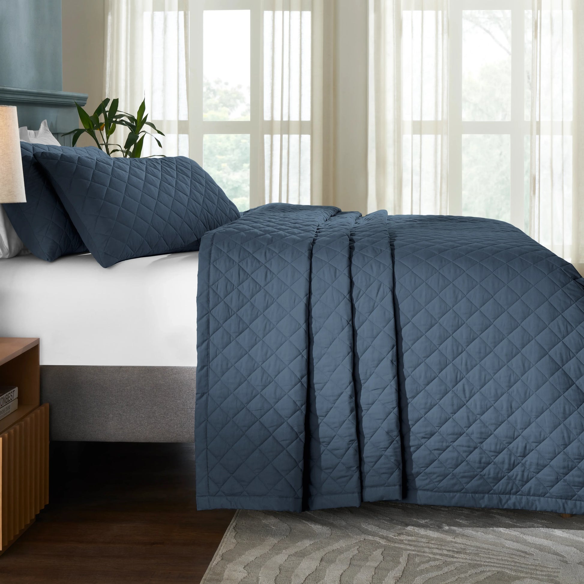 Nuvola | Luxurious Solid Dyed Diamond Quilted Cotton Bedcover Set Estate Blue