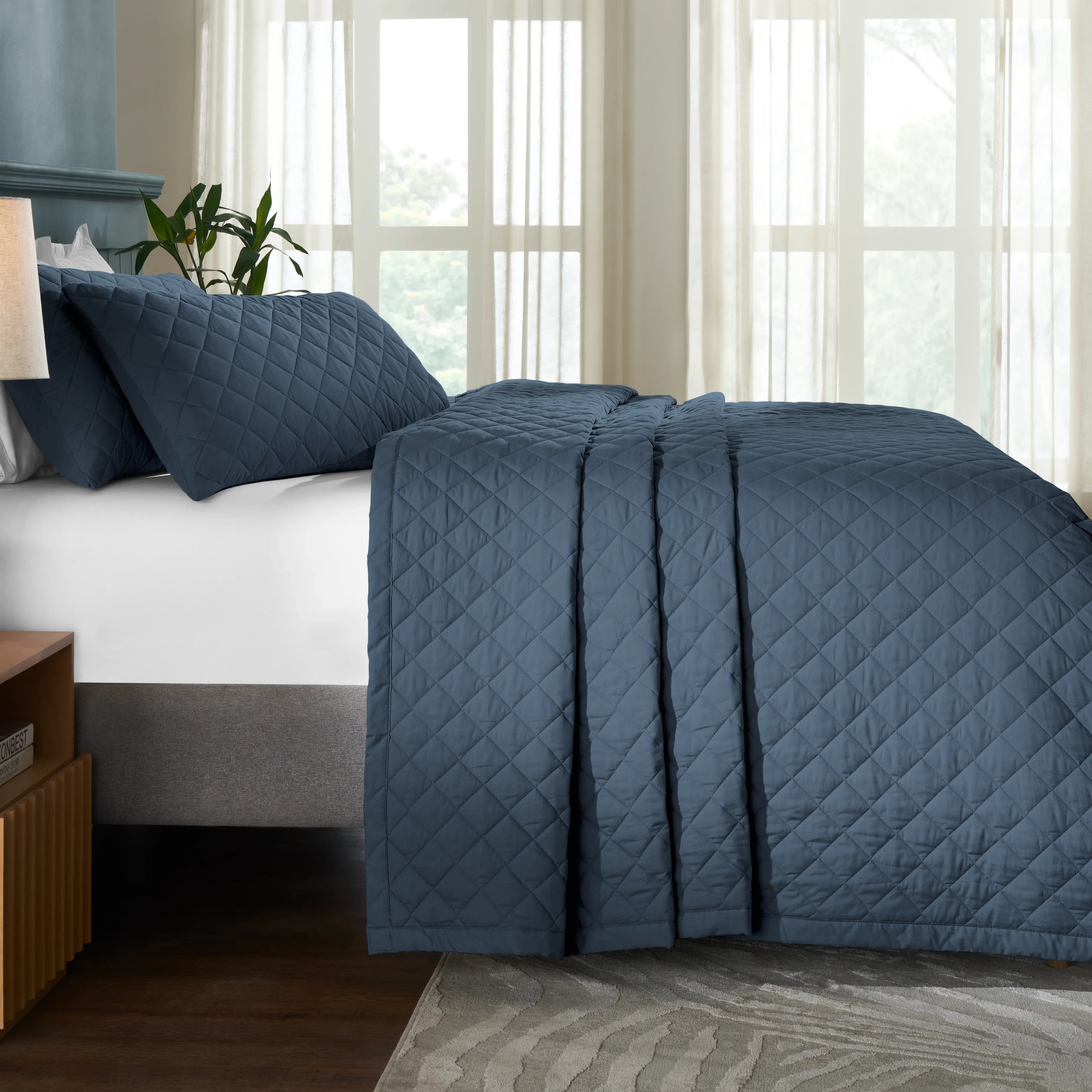Nuvola | Luxurious Solid Dyed Diamond Quilted Cotton Bedcover Set Estate Blue