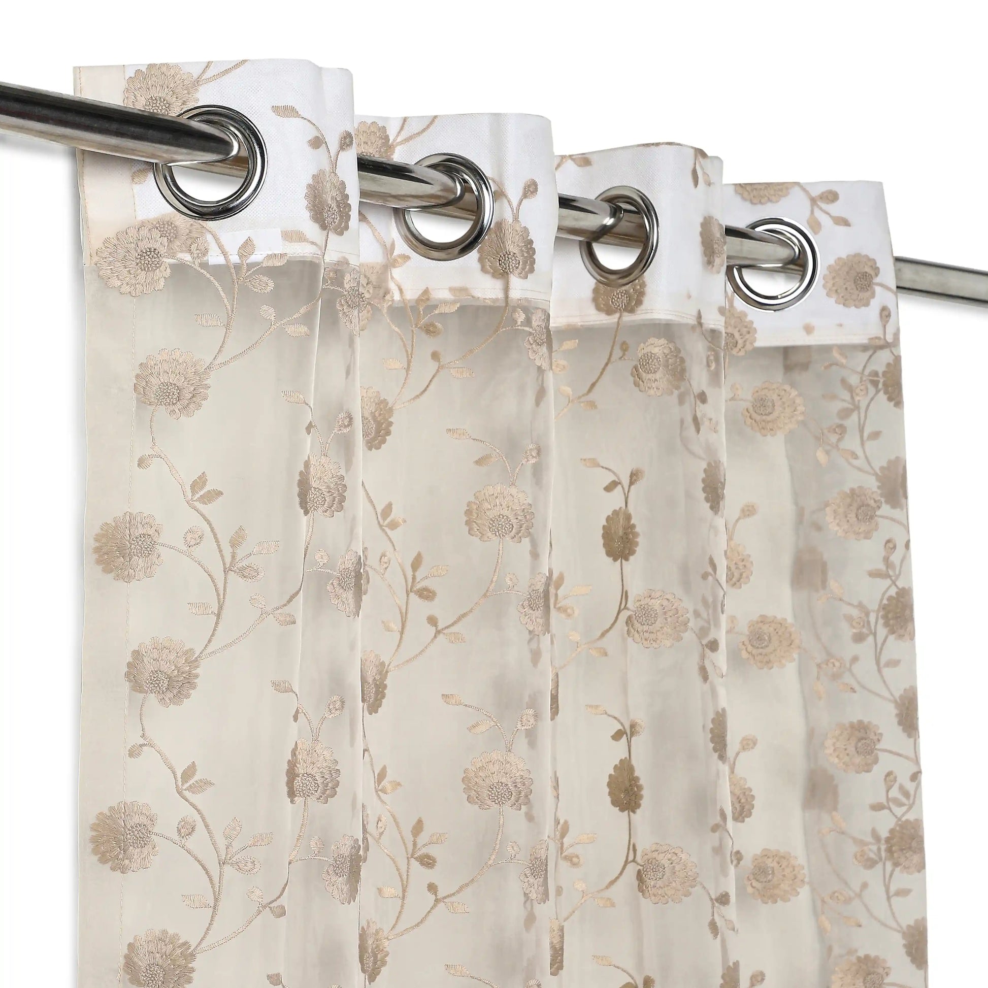Velina Set Of 2 Embroidered Sheer Readymade Curtains | Vintage Chintz Desert Sand / Door (3.60ft X 7.22ft)