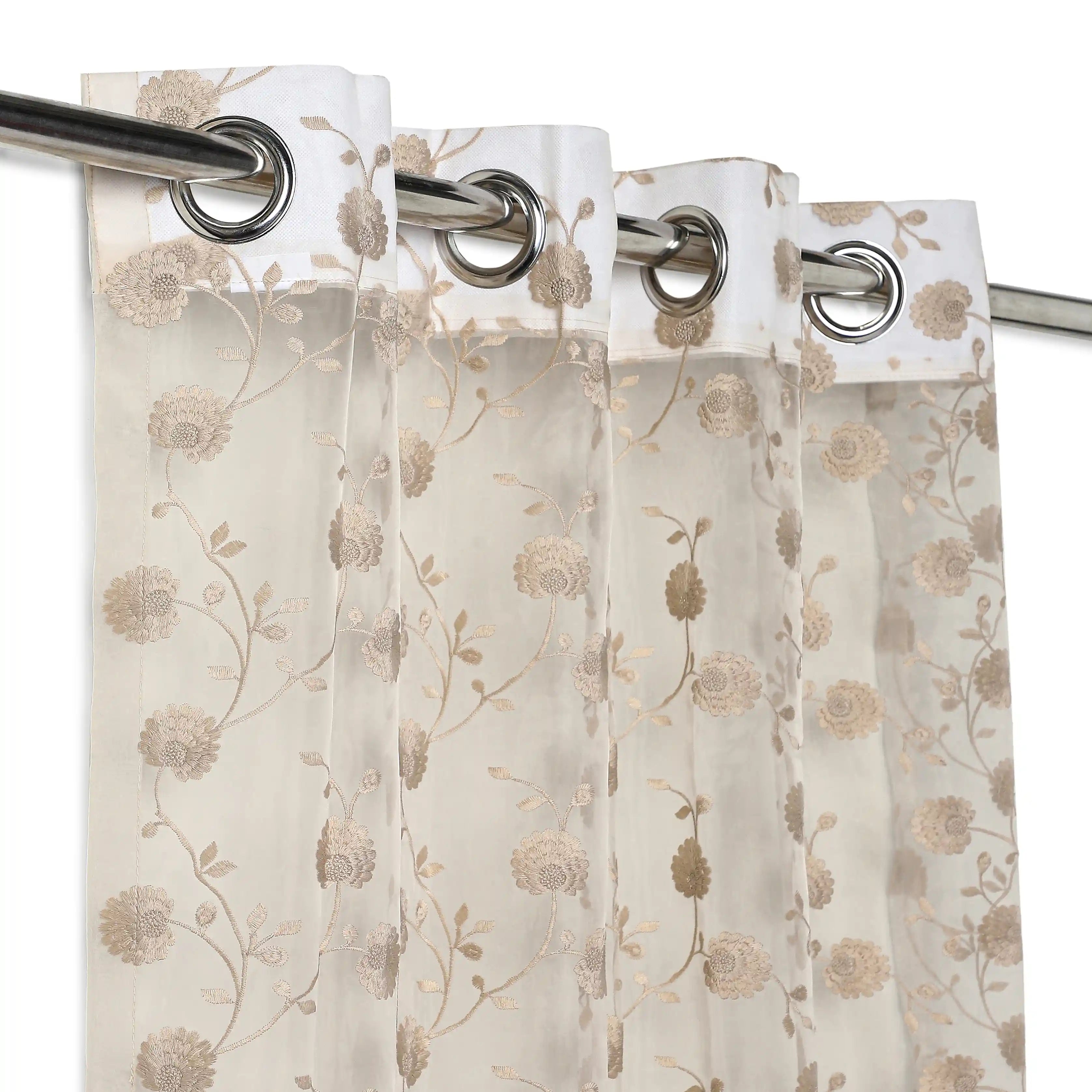 Velina Set Of 2 Embroidered Sheer Readymade Curtains | Vintage Chintz Desert Sand / Door (3.60ft X 7.22ft)