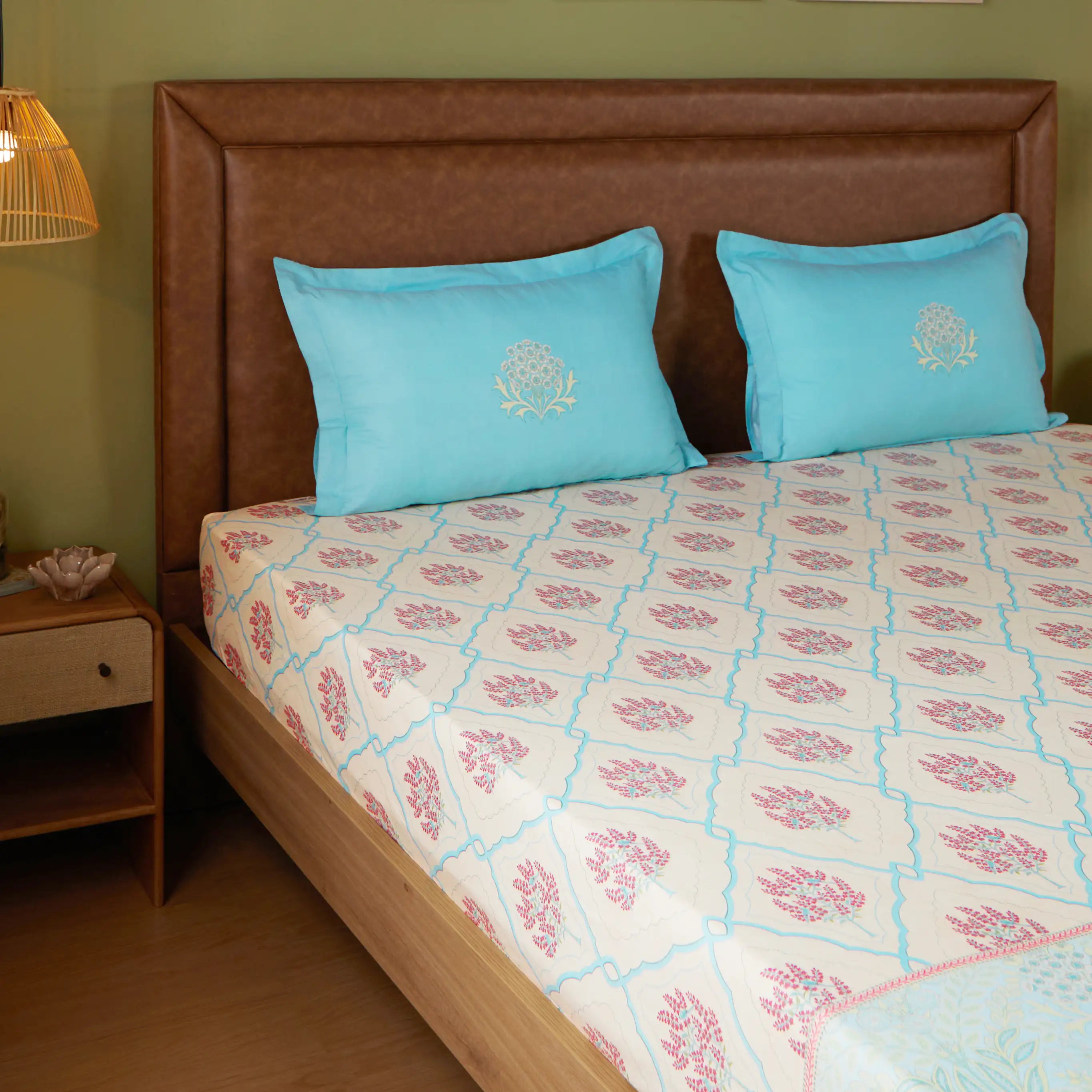 Chippa Lane | Contemporary Indian Print Design Cotton Fitted Sheet Set-Sage Bloom Sage Bloom / Queen