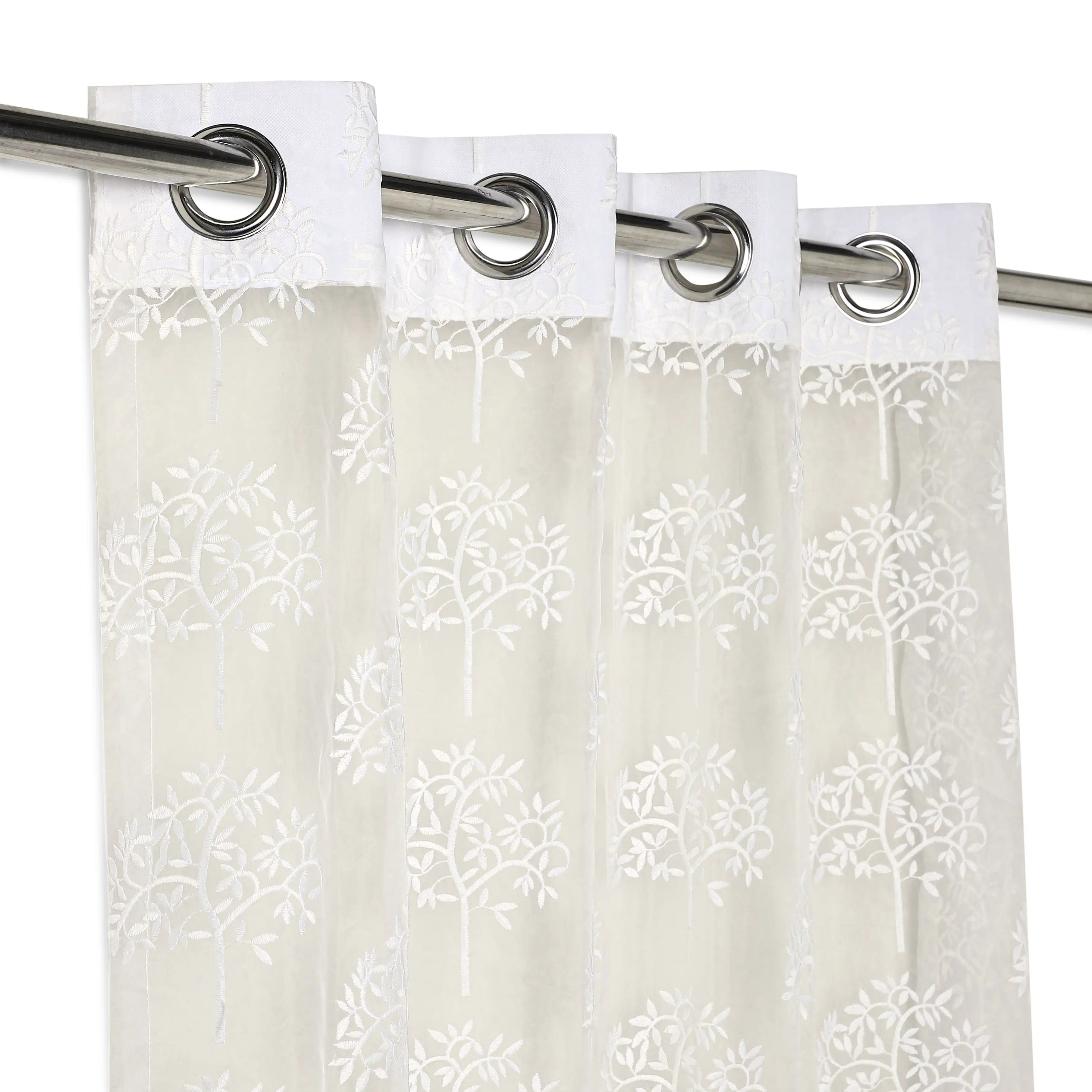 Velina Set Of 2 Embroidered Sheer Readymade Curtains | Botanical Trails Chalk Glow / Door (3.60ft X 7.22ft)