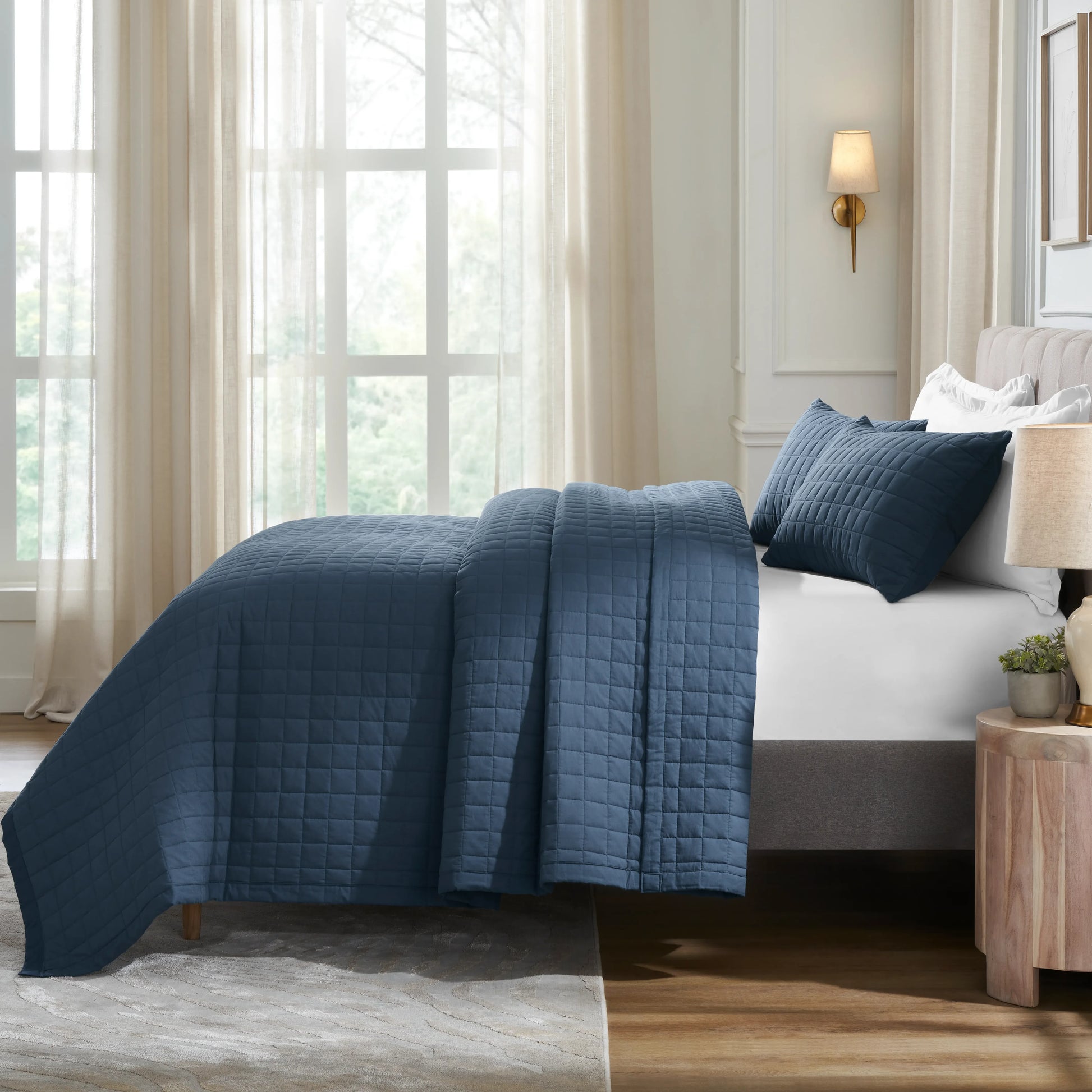 Nuvola | Luxurious Solid Dyed Box Quilted Cotton Bedcover Set Estate Blue