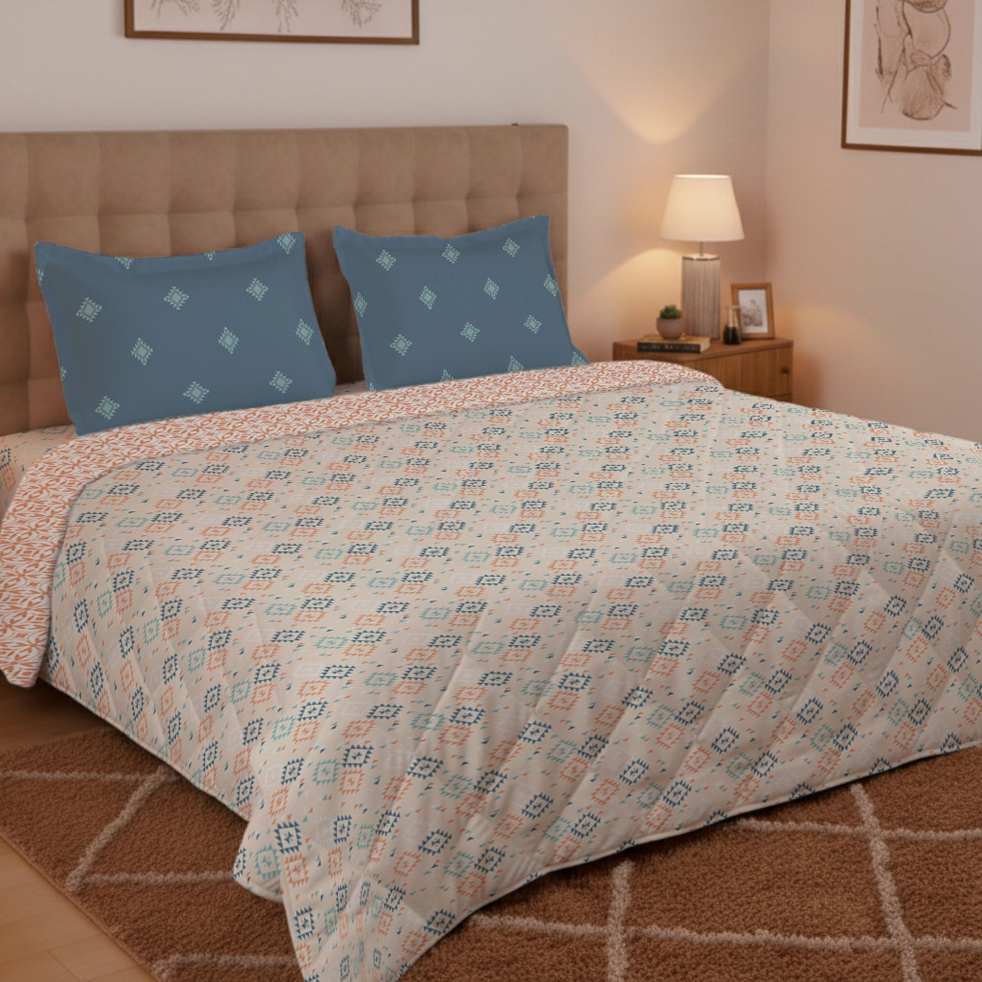 Aangan Weaves | Modern Geometric Printed 150 GSM Reversible Comforter - Rich Teal Rich Teal / Queen