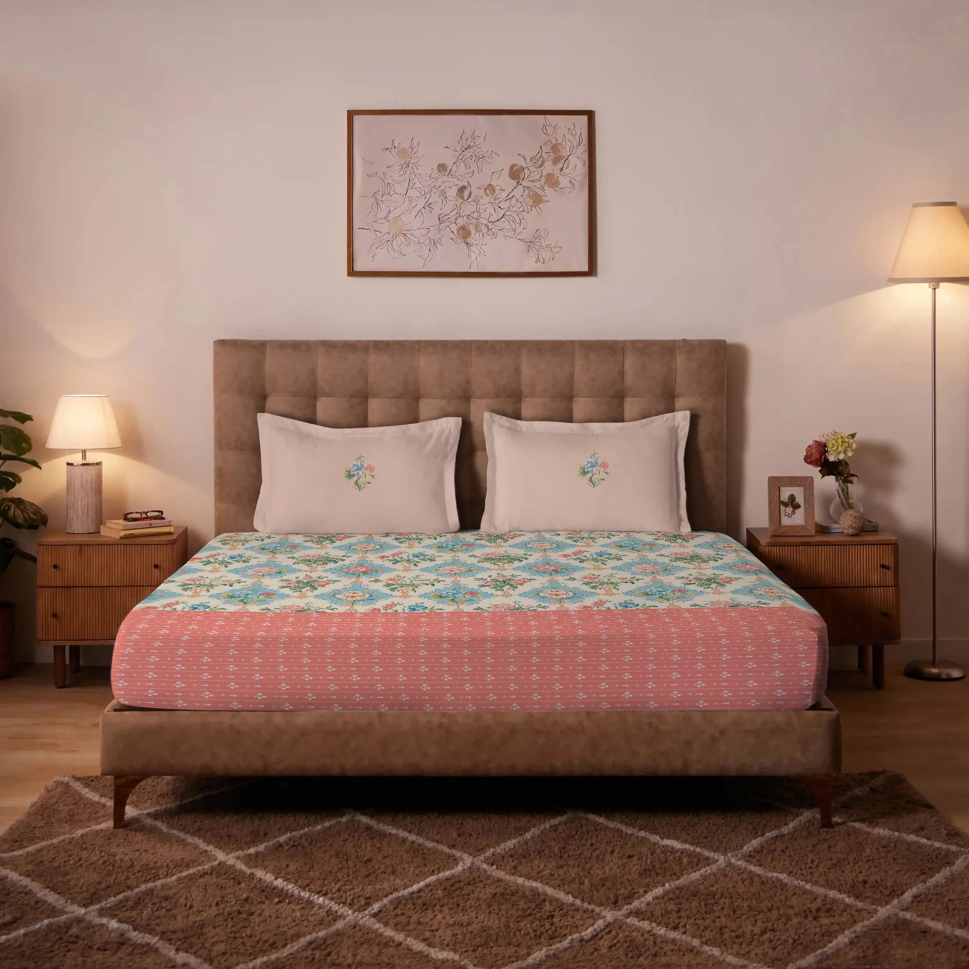 Udyan Tales | Enchanted Floral Printed Cotton Bedsheet Set - Flamingo Pink Flamingo Pink / King