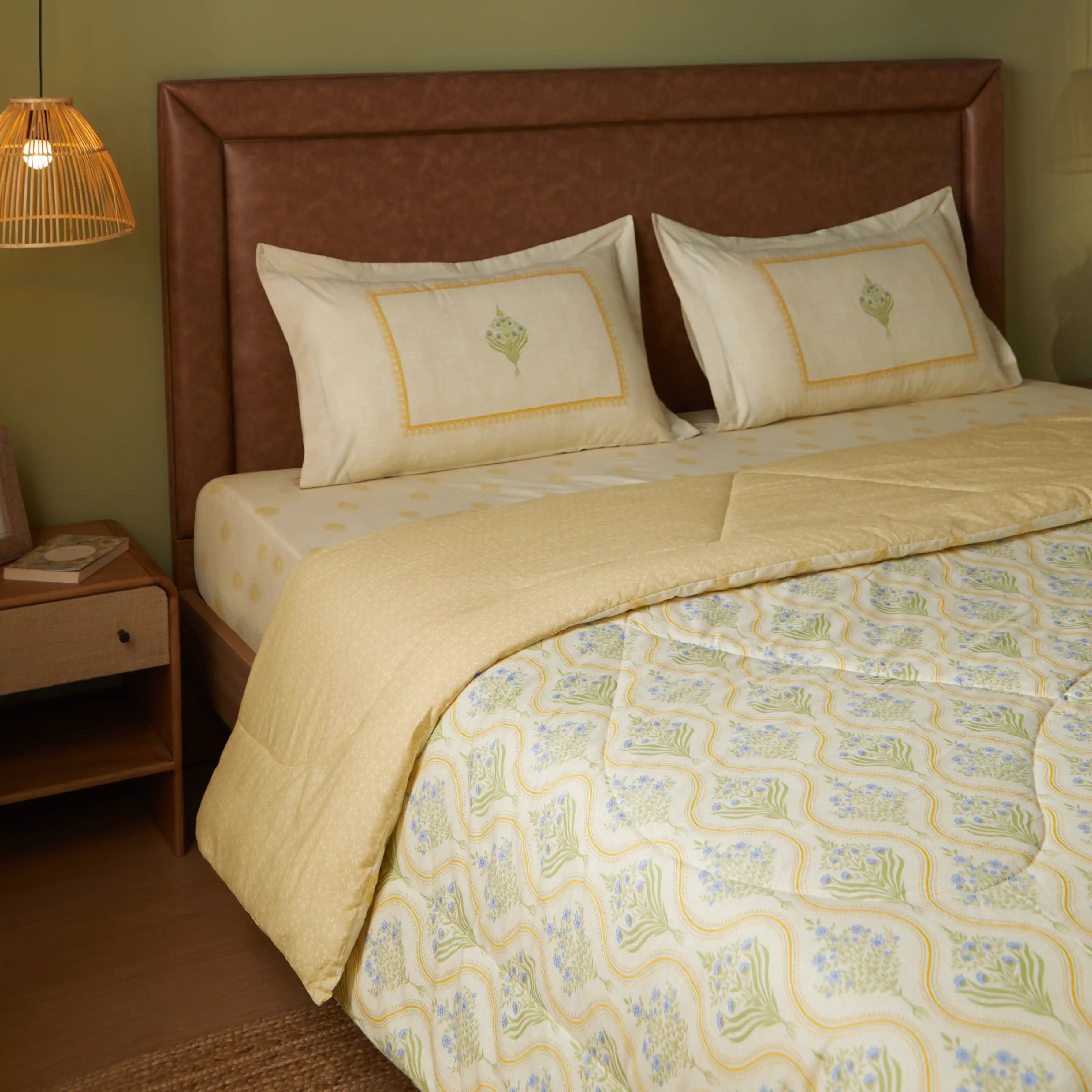 Chippa Lane | Contemporary Indian Print Design Coordinated Bedding Set | Set of Bedsheet & Comforter-Mustard Mustard / Double