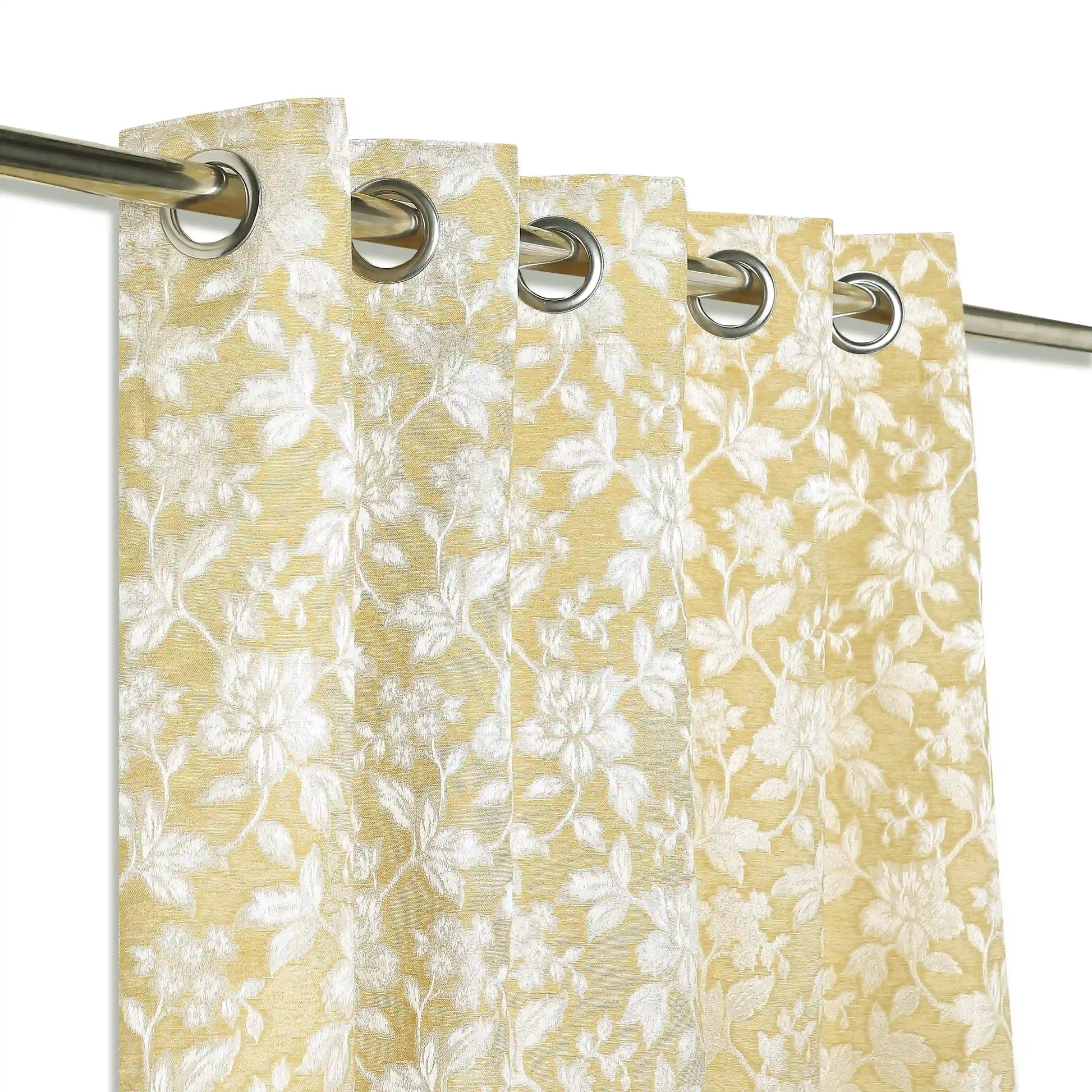De Jacquard - Luxe Set Of 2 Jacquard Readymade Curtains | Monochrome Flora Honey / Door-XL (9ft X 4.4ft)