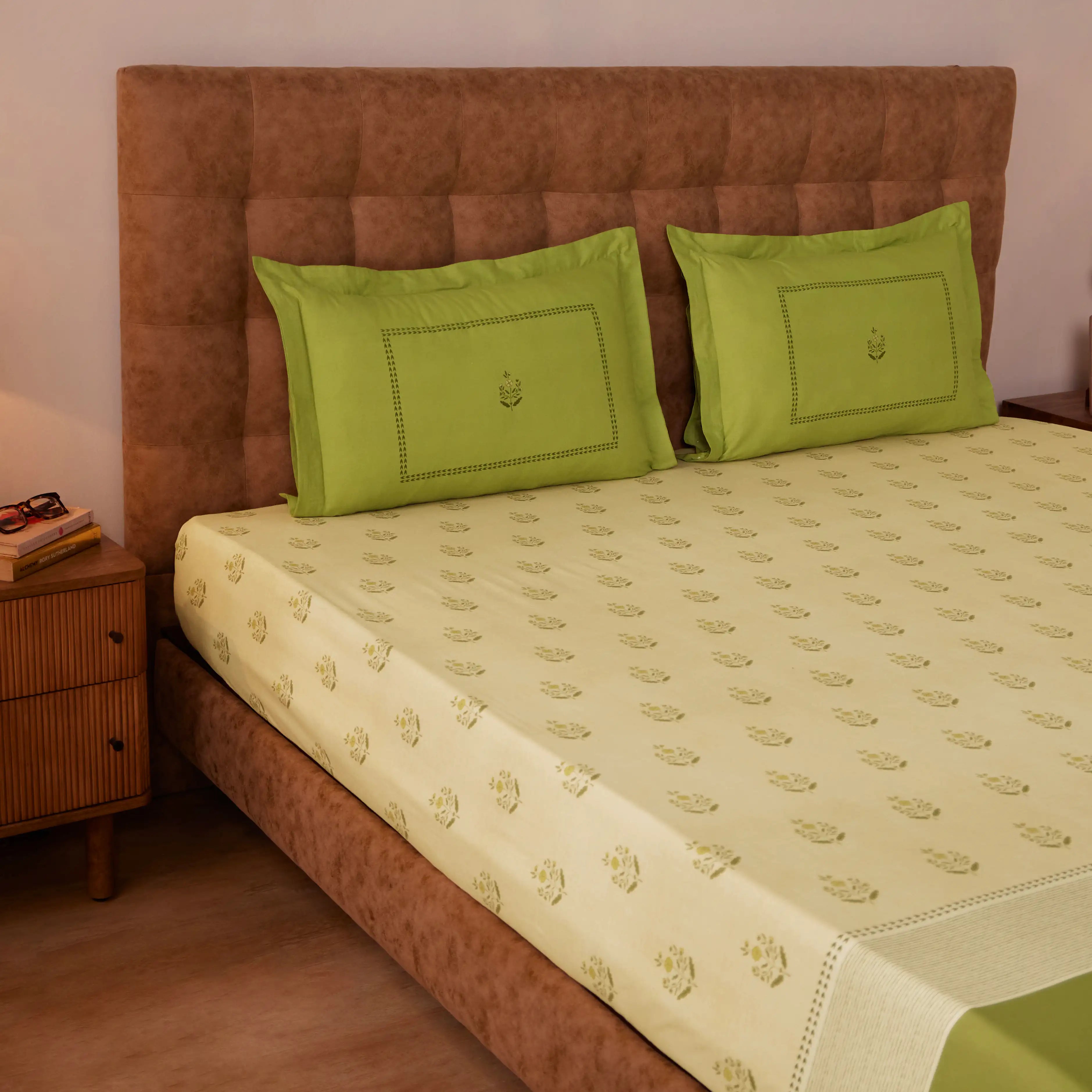 Chippa Lane | Contemporary Indian Print Design Cotton Fitted Sheet Set-Indian Moss Indian Moss / Queen