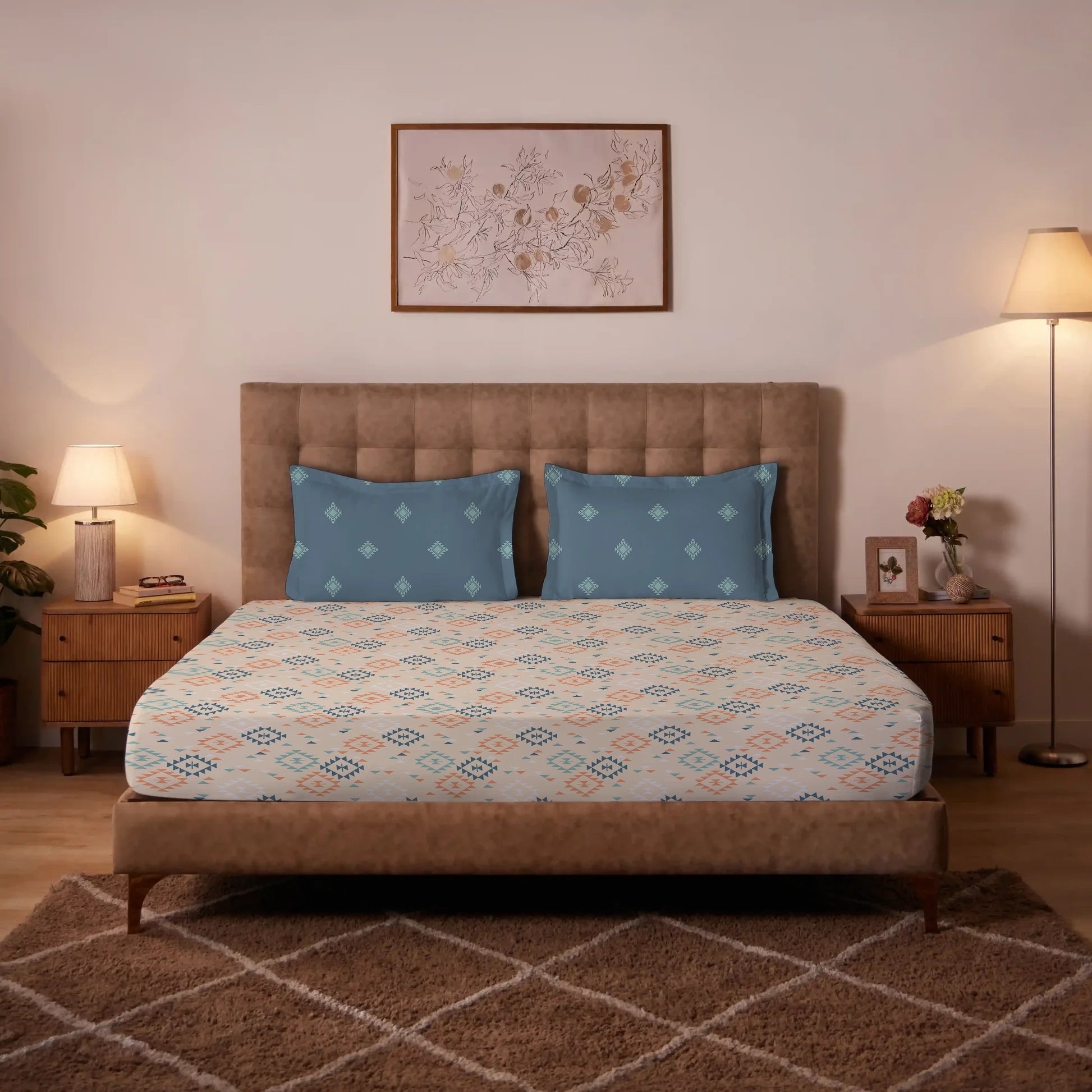 Aangan Weaves | Modern Geometric Printed Cotton Bedsheet Set - Rich Teal Rich Teal / Queen