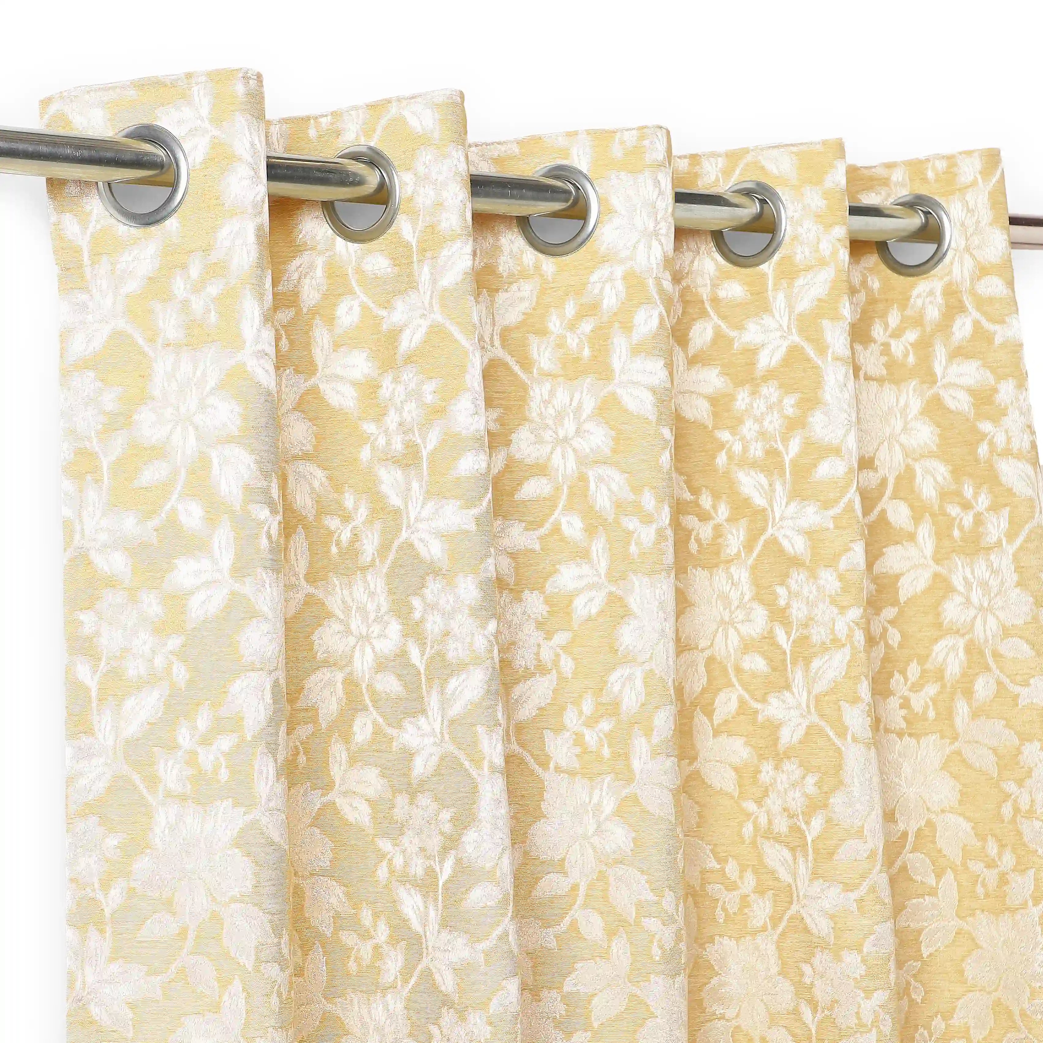 De Jacquard - Luxe Set Of 2 Jacquard Readymade Curtains | Monochrome Flora Honey / Window (5ft X 4.4ft)