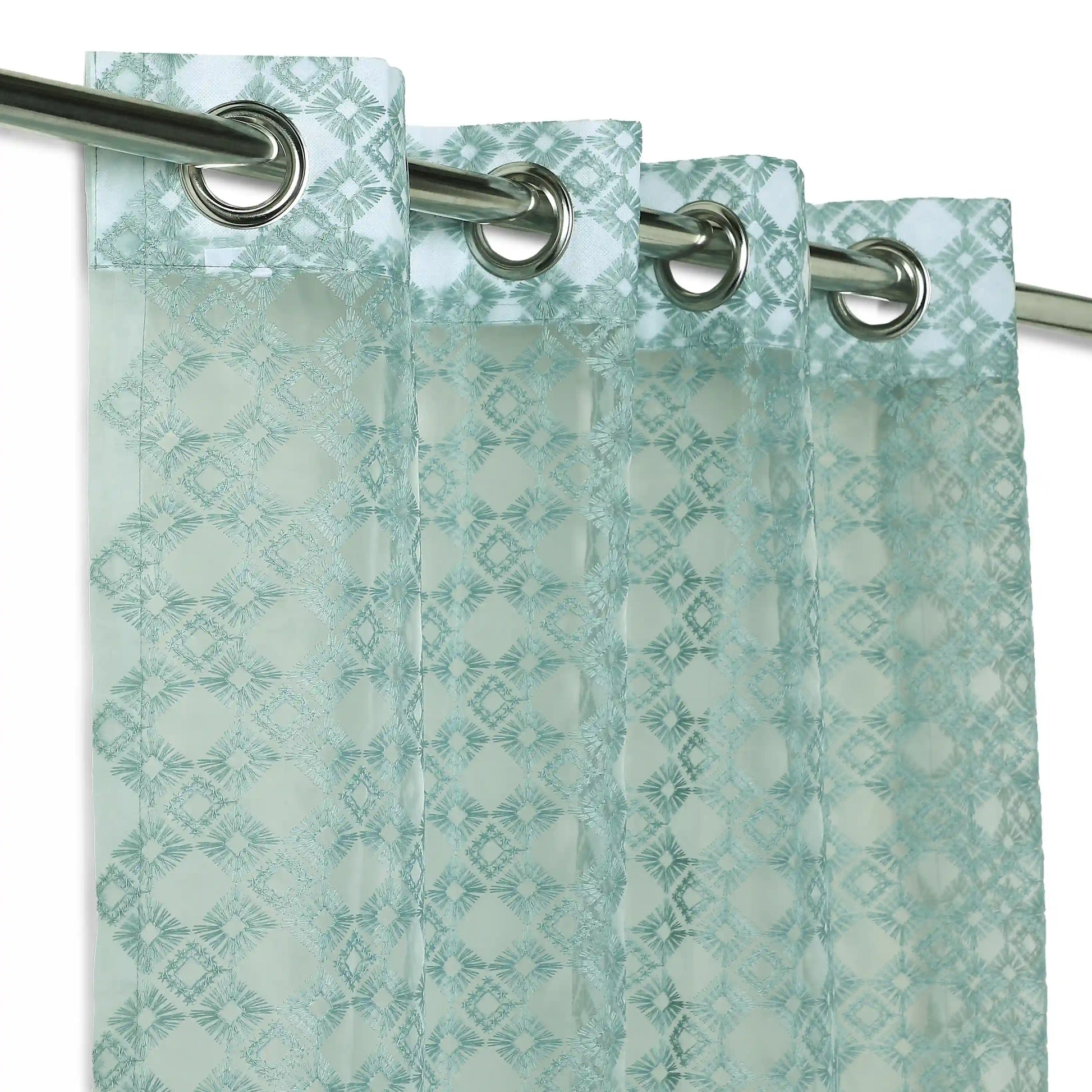 Velina Set Of 2 Embroidered Sheer Readymade Curtains | Modern Heritage Evergreen Teal / Door (3.60ft X 7.22ft)