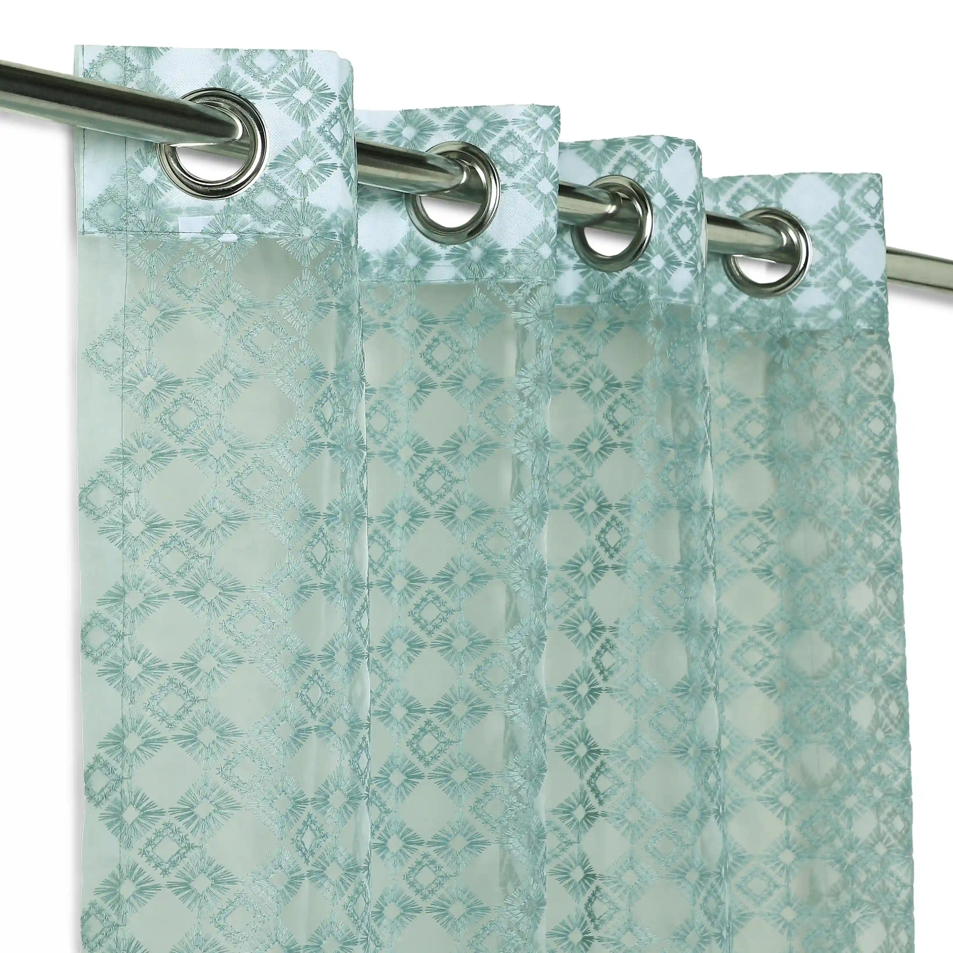 Velina Set Of 2 Embroidered Sheer Readymade Curtains | Modern Heritage Evergreen Teal / Door (3.60ft X 7.22ft)