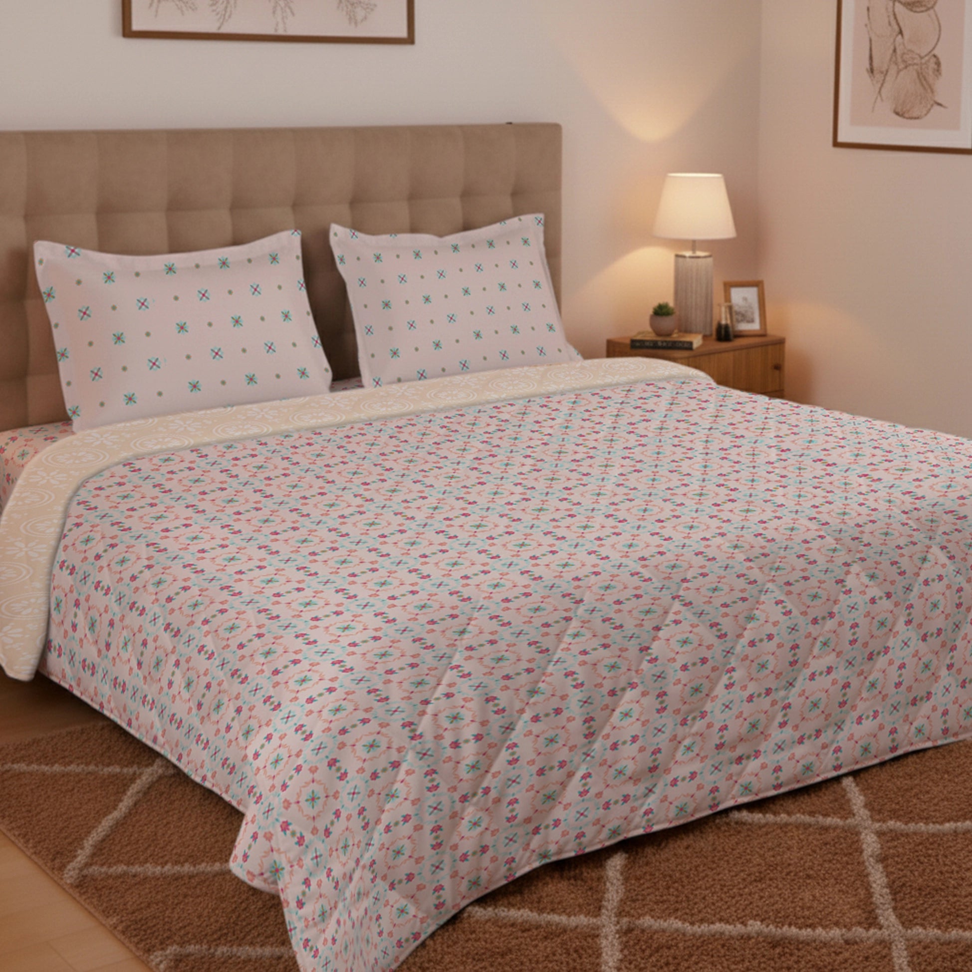 Aangan Weaves | Romantic Floral Printed 300 GSM Extra Warm Premium Comforter - Blush Pink Blush Pink / Queen