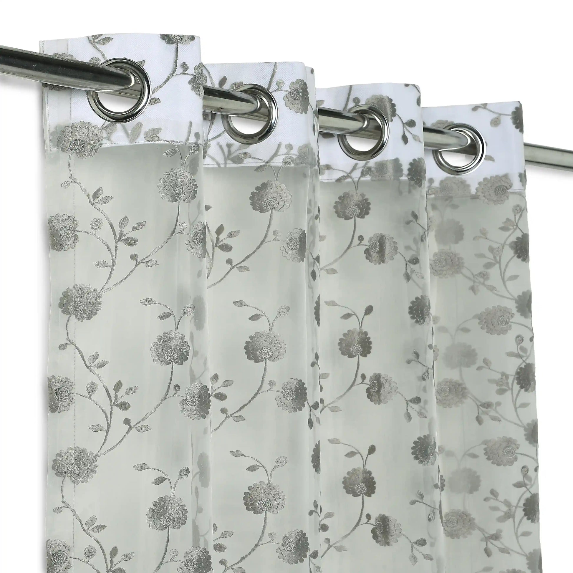 Velina Set Of 2 Embroidered Sheer Readymade Curtains | Vintage Chintz Slate Cement / Door (3.60ft X 7.22ft)