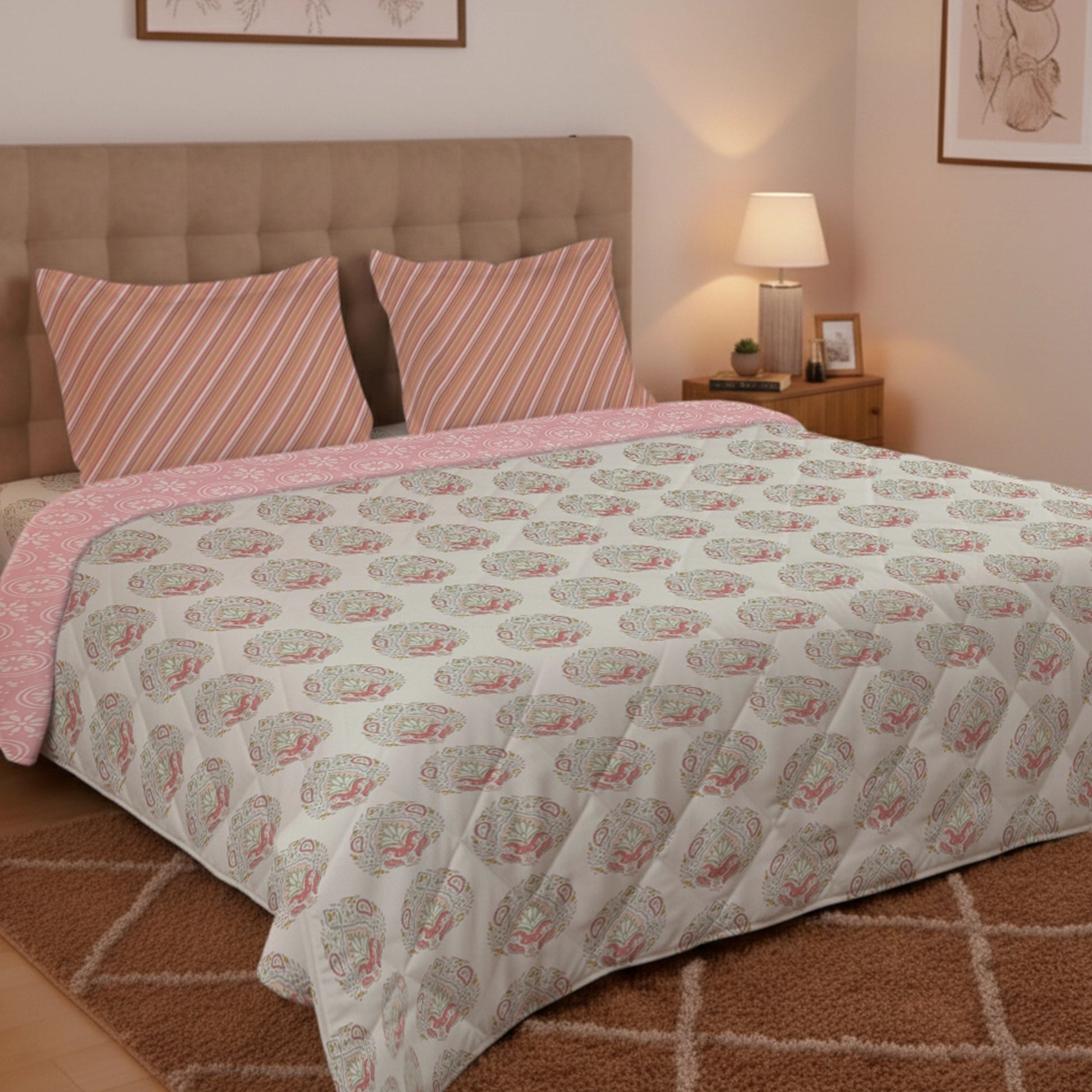 Udyan Tales | Contemporary Indian Printed Bedding Set - Set of Bedsheet & Comforter - Soft Coral Soft Coral / King