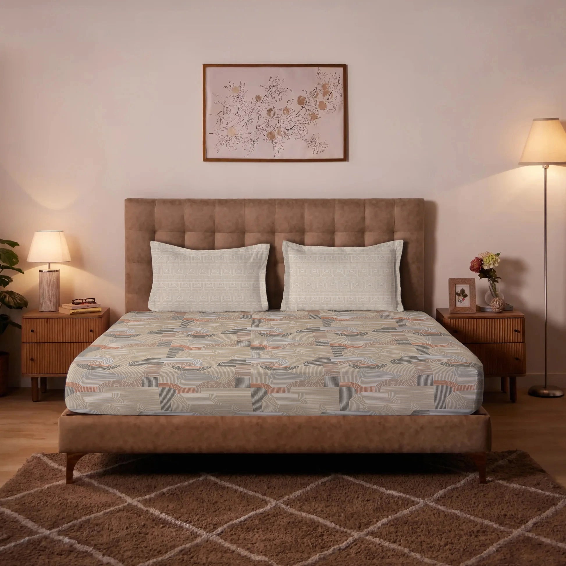 Udyan Tales | Modern Abstract Printed Cotton Bedsheet Set - Neutral Beige Neutral Beige / King