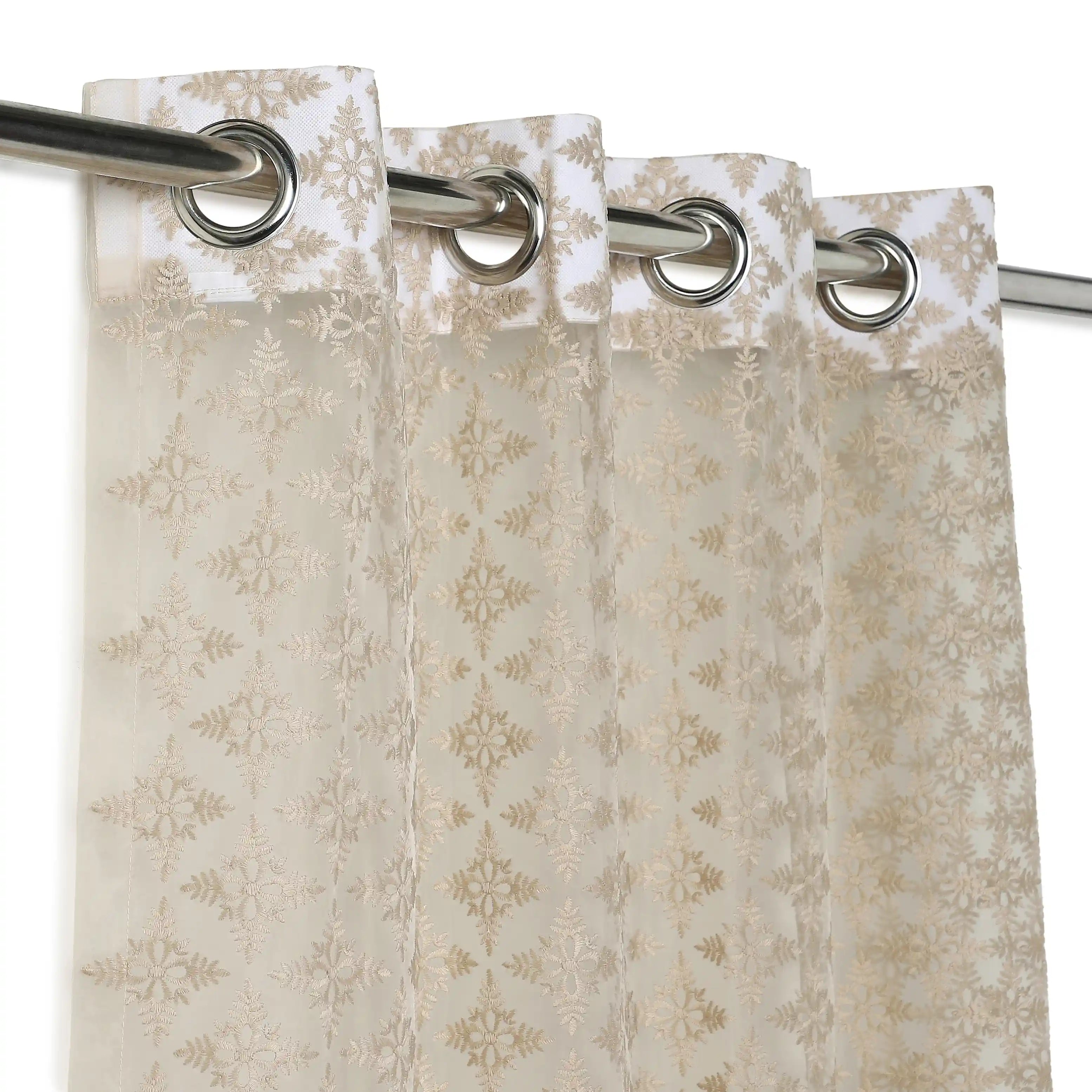 Velina Set Of 2 Embroidered Sheer Readymade Curtains | Royal Jharokha Mushroom Essence / Door (3.60ft X 7.22ft)