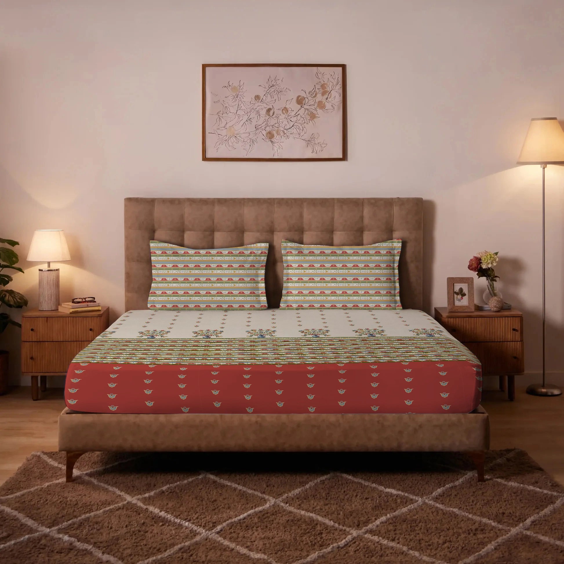 Udyan Tales | Vivid Traditional Printed Cotton Bedsheet Set - Brick Red Brick Red / King