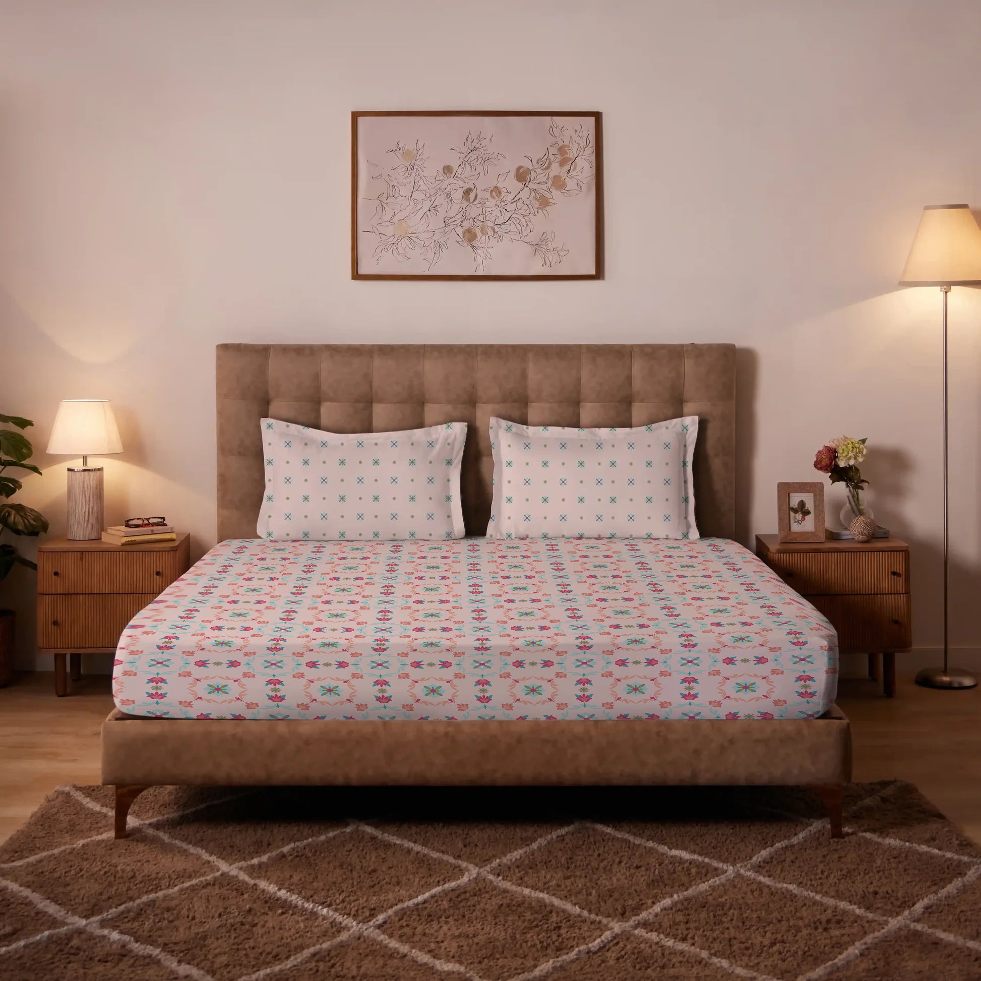 Aangan Weaves | Romantic Floral Printed Cotton Bedsheet Set - Blush Pink Blush Pink / Queen