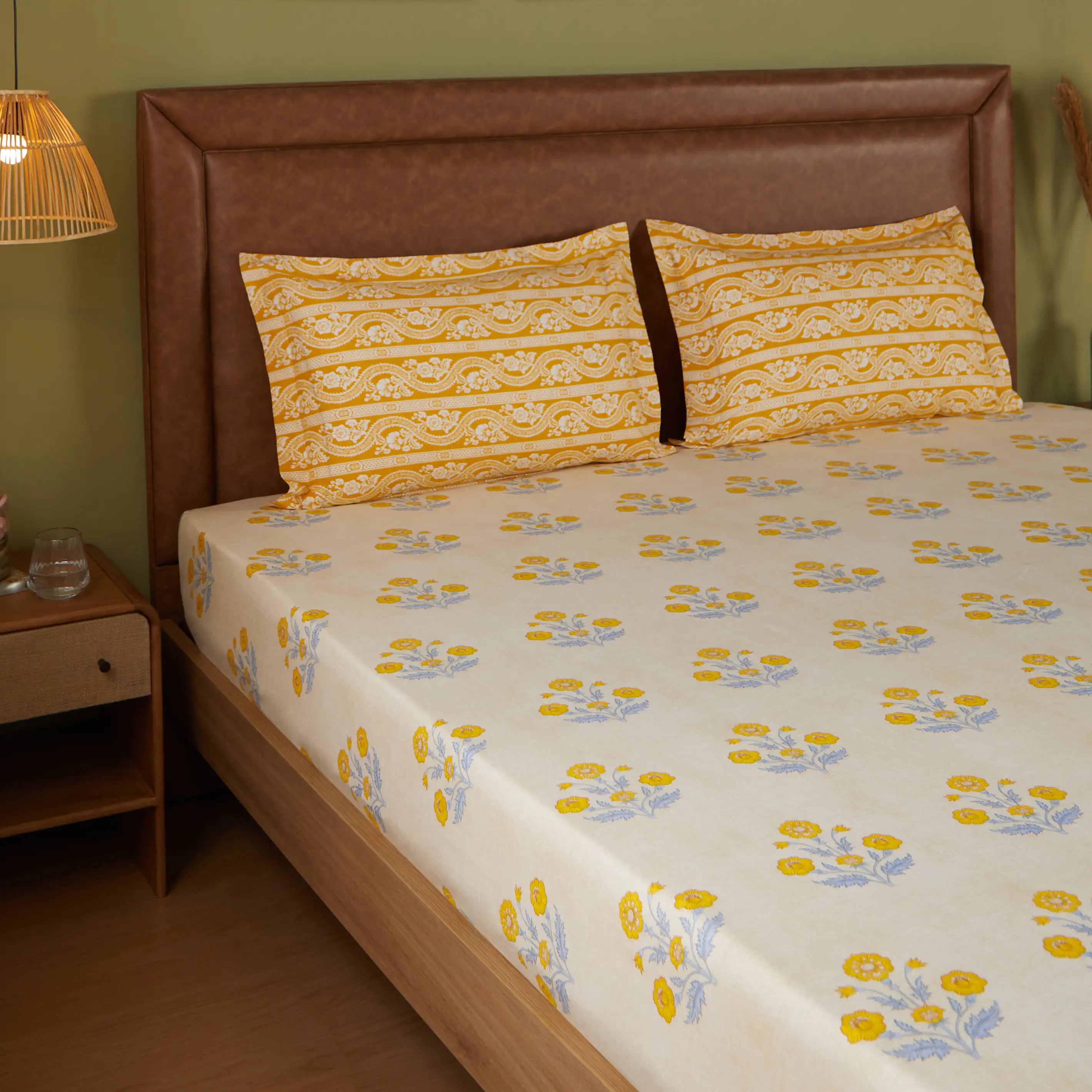 Chippa Lane | Contemporary Indian Print Design Cotton Fitted Sheet Set-Ochre Ochre / Queen