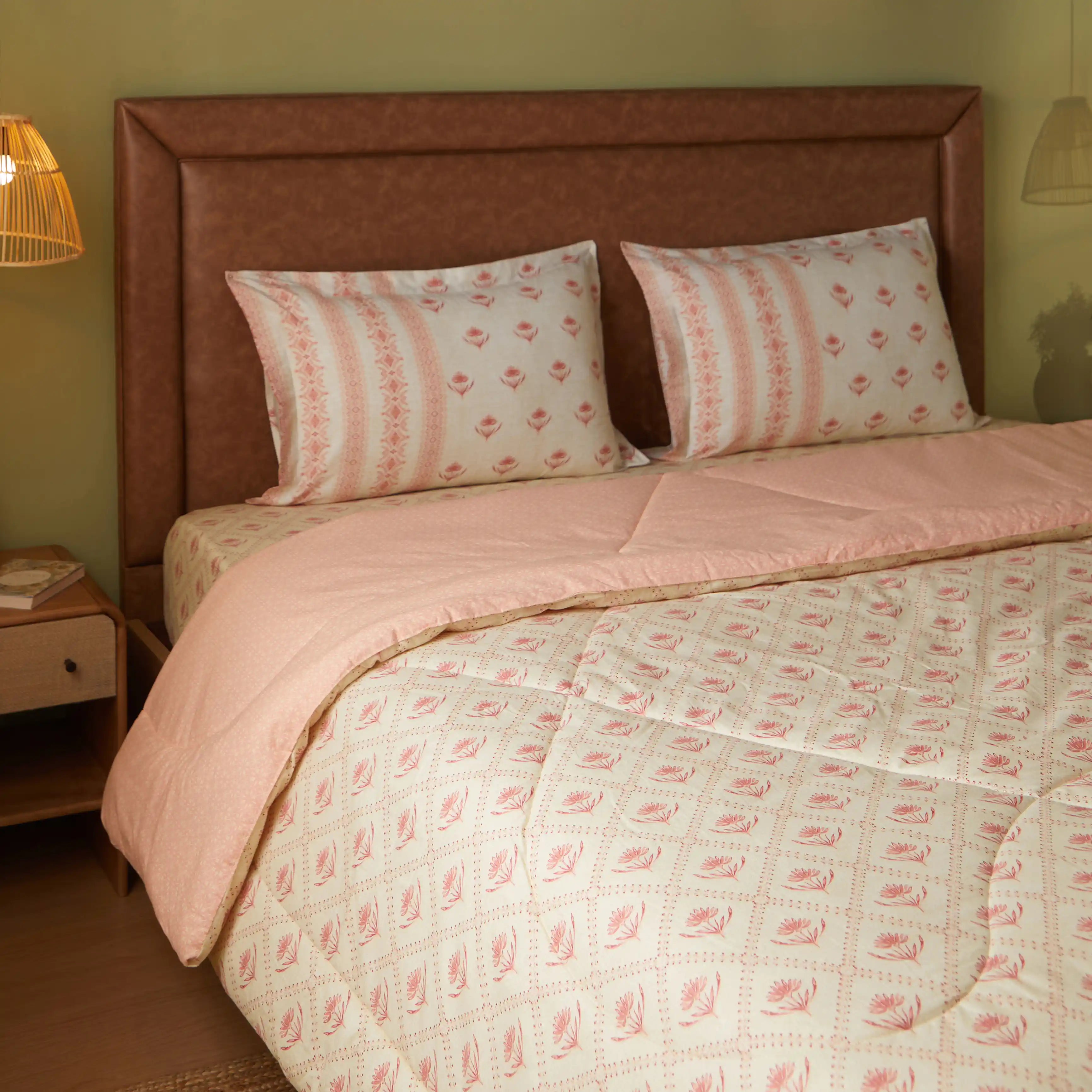 Chippa Lane | Contemporary Indian Print Design Coordinated Bedding Set | Set of Bedsheet & Comforter-Red Red / Double