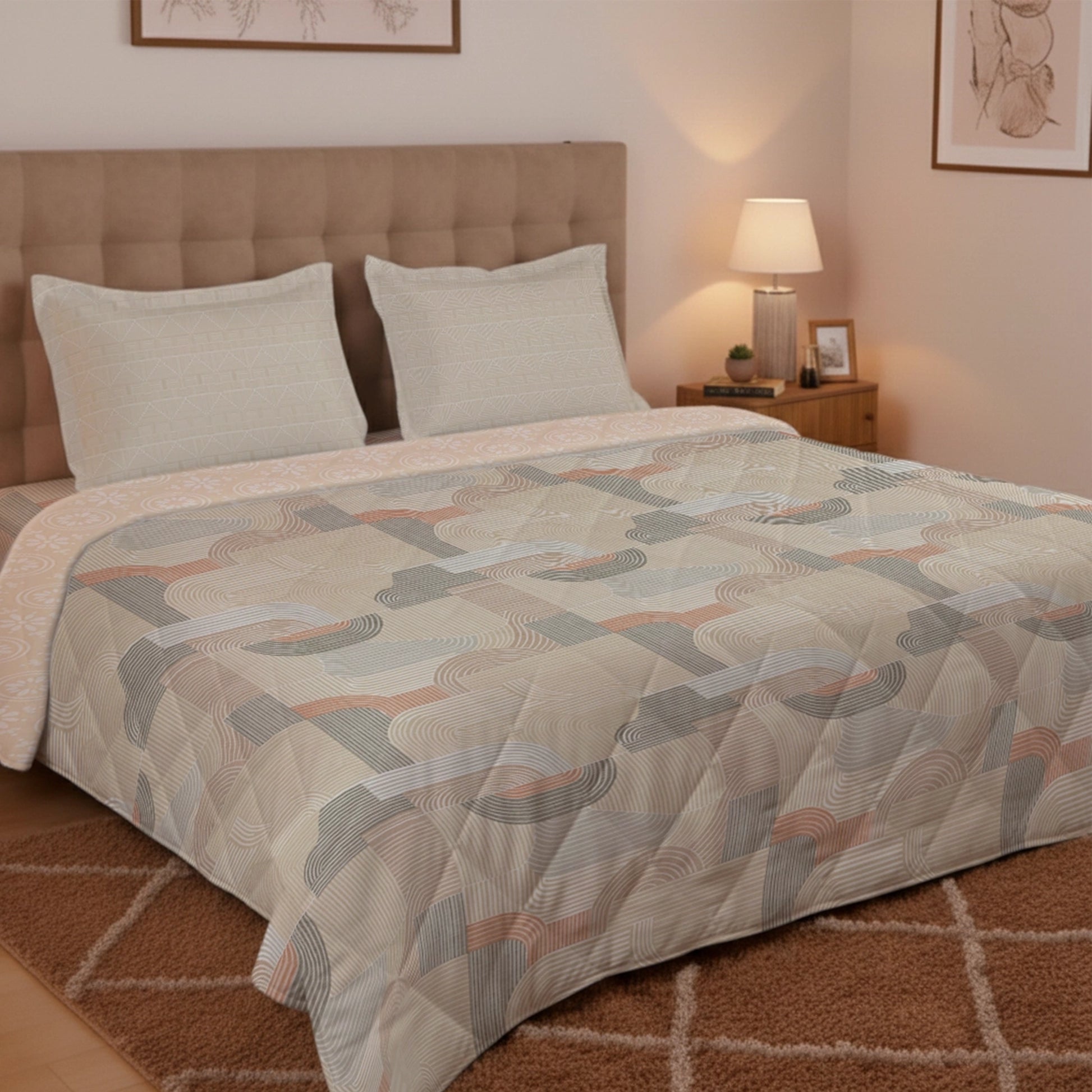 Udyan Tales | Modern Abstract Printed Bedding Set - Set of Bedsheet & Comforter - Neutral Beige Neutral Beige / King