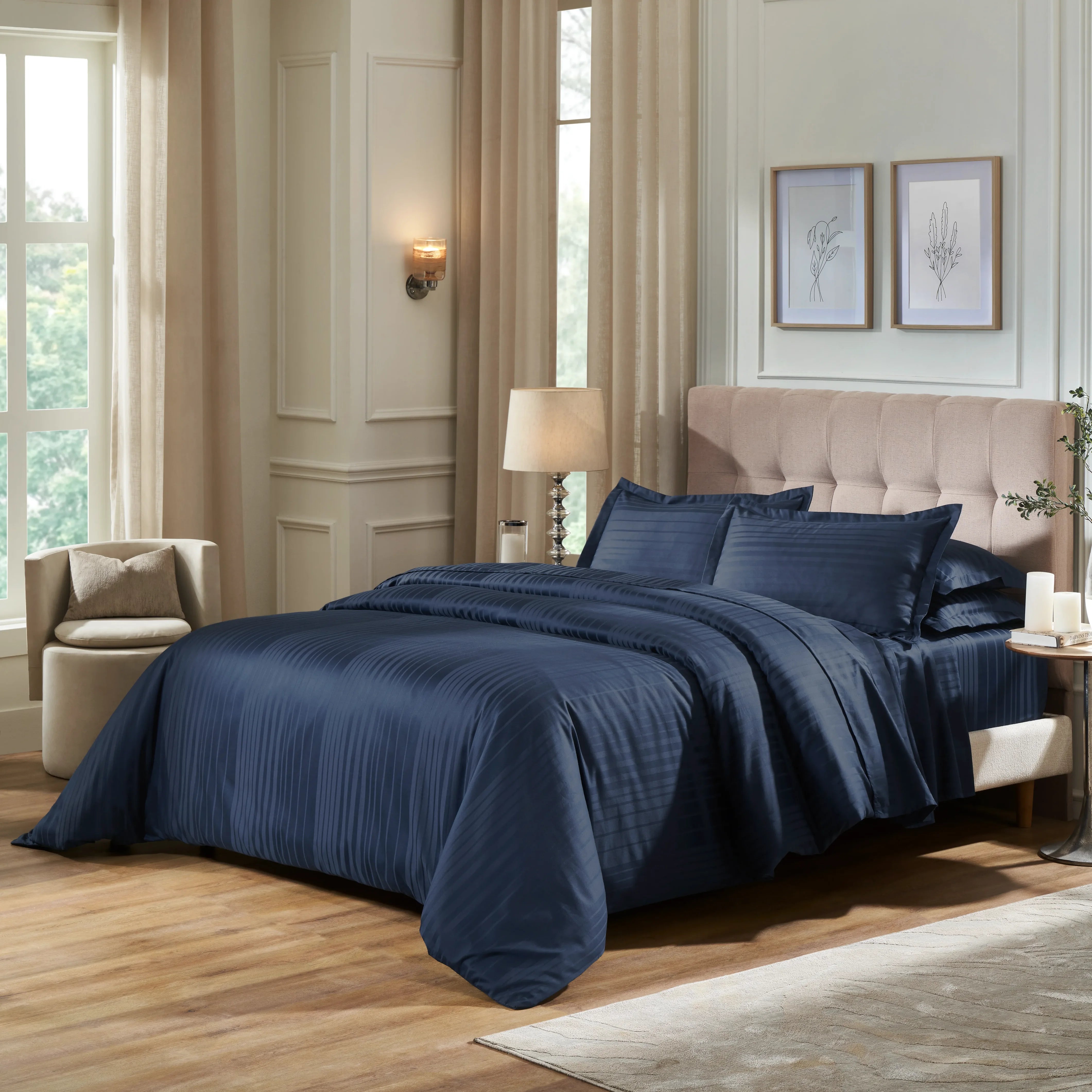 Seraya | 400TC Varigated Stripes Super Soft Fitted Sheet Set Navy / King