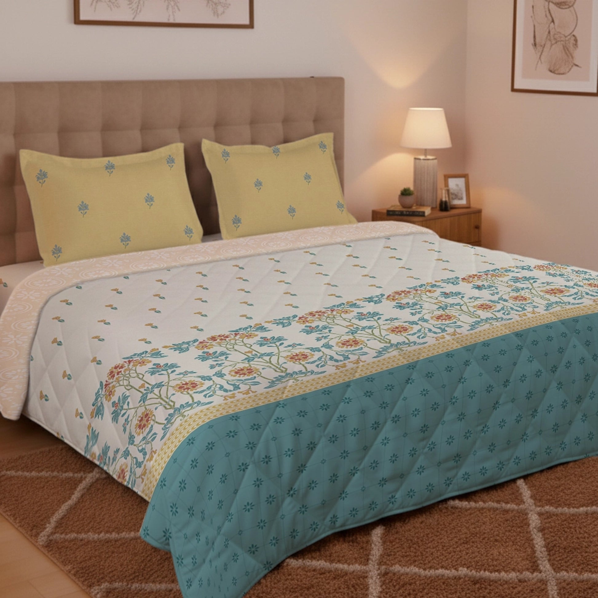 Udyan Tales | Vibrant Ethnic Printed 150 GSM Reversible Comforter - Midnight Teal Midnight Teal / King