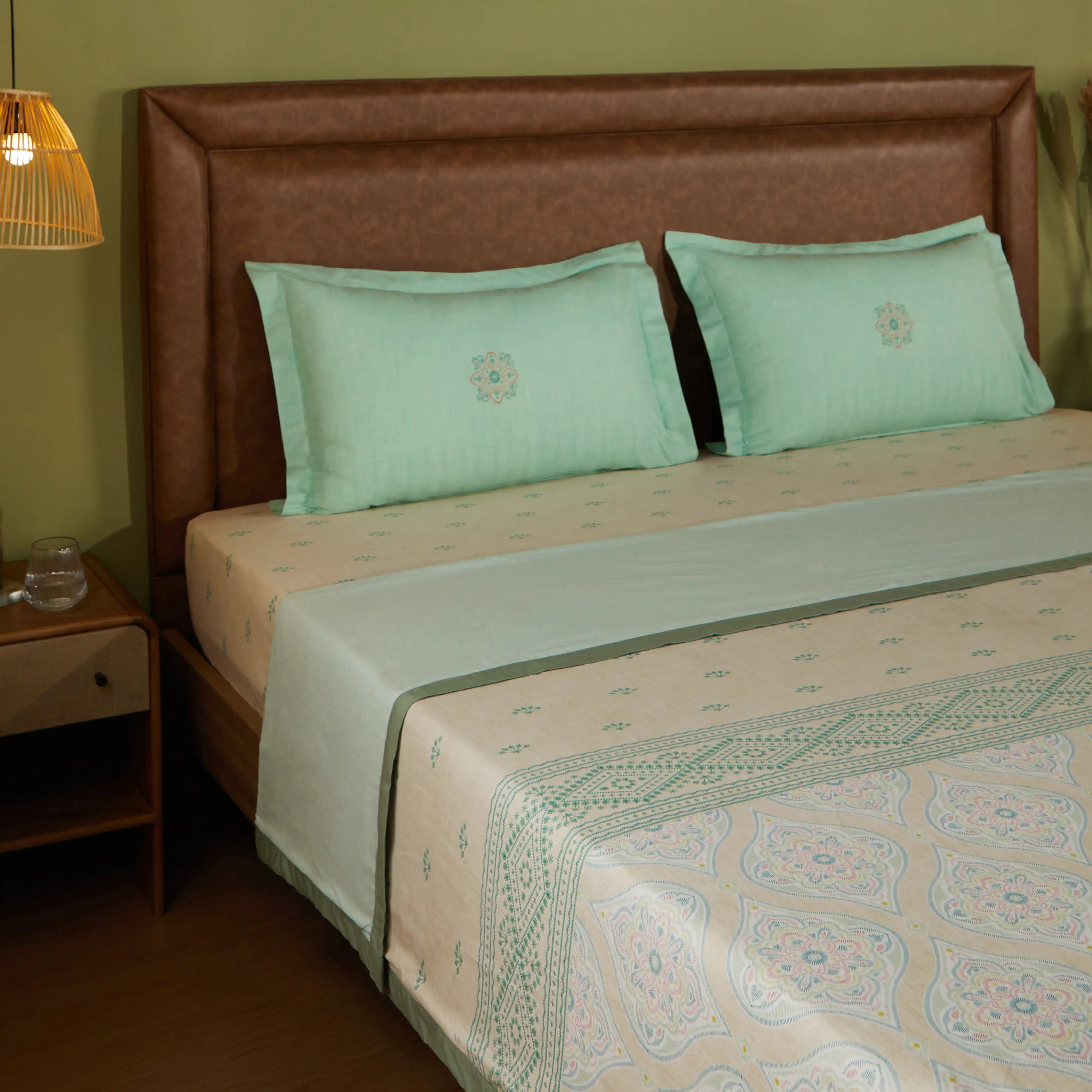Chippa Lane | Contemporary Indian Print Design Coordinated Bedding Set | Set of Bedsheet & Dohar Sage / Double