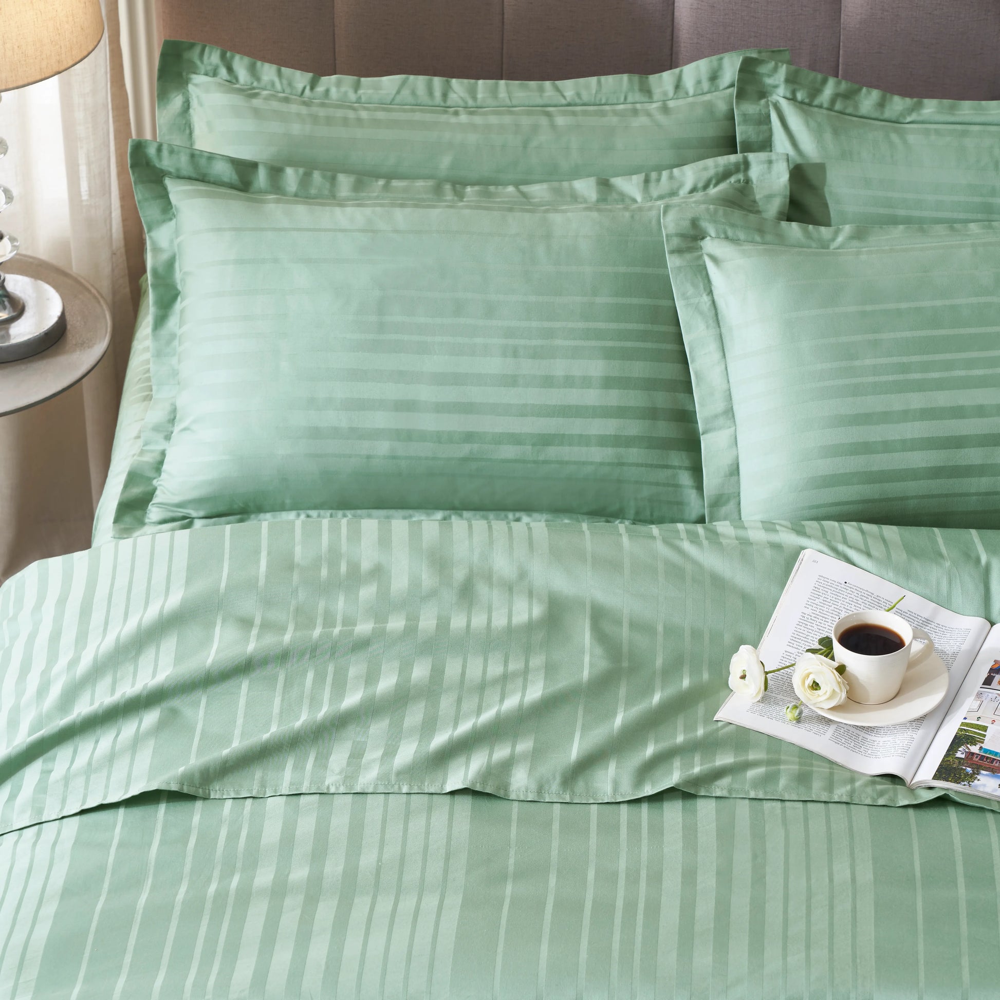 Seraya | 400TC Varigated Stripes Super Soft Fitted Sheet Set Green Sage / King