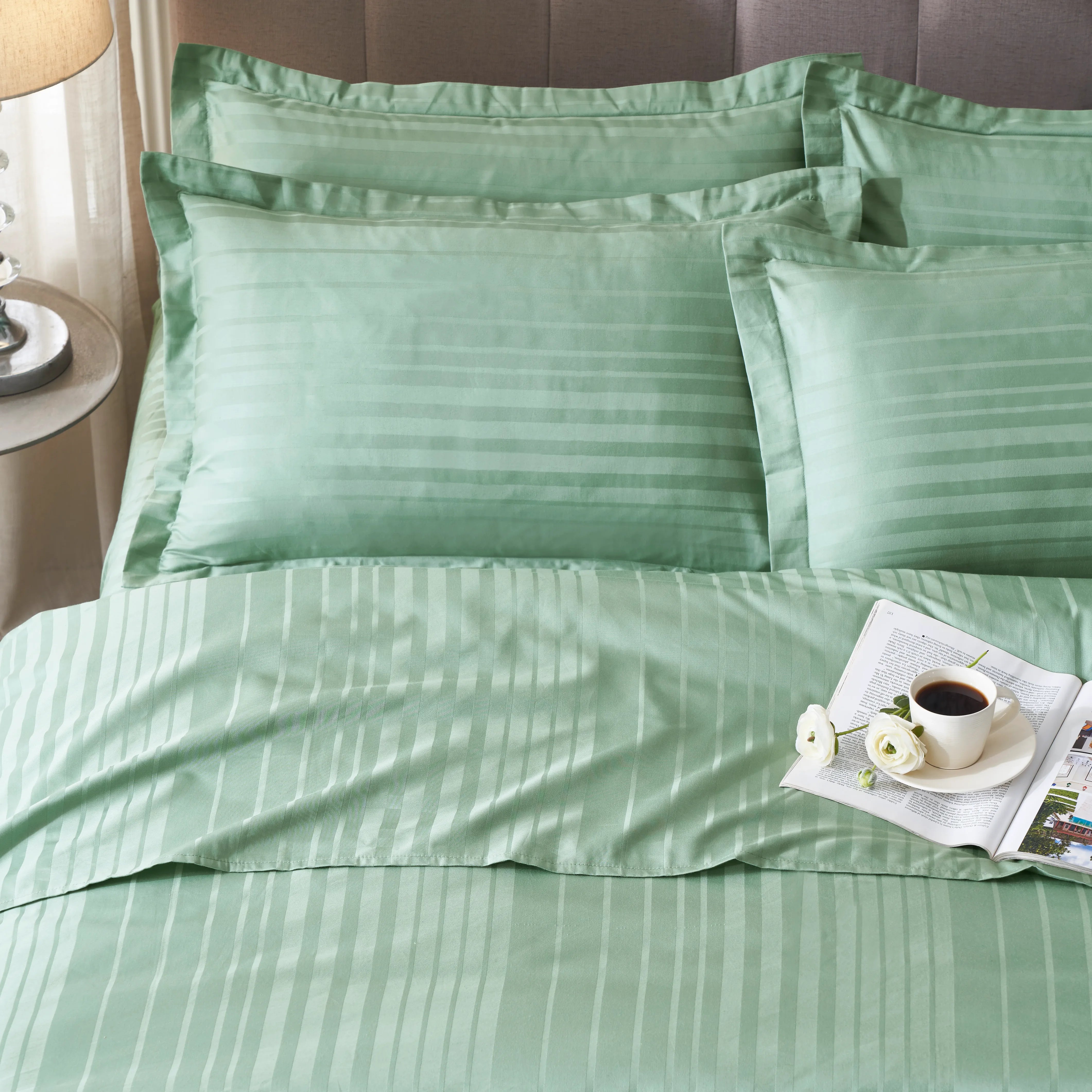 Seraya | 400TC Varigated Stripes Super Soft Fitted Sheet Set Green Sage / King
