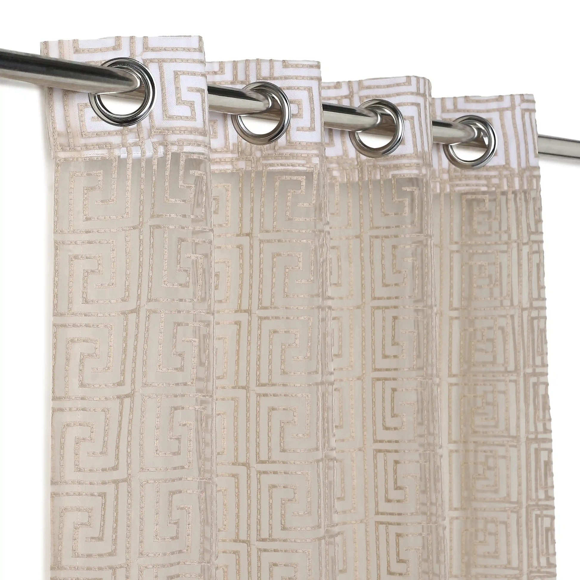 Velina Set Of 2 Embroidered Sheer Readymade Curtains | Modern Maze Mushroom / Door (3.60ft X 7.22ft)