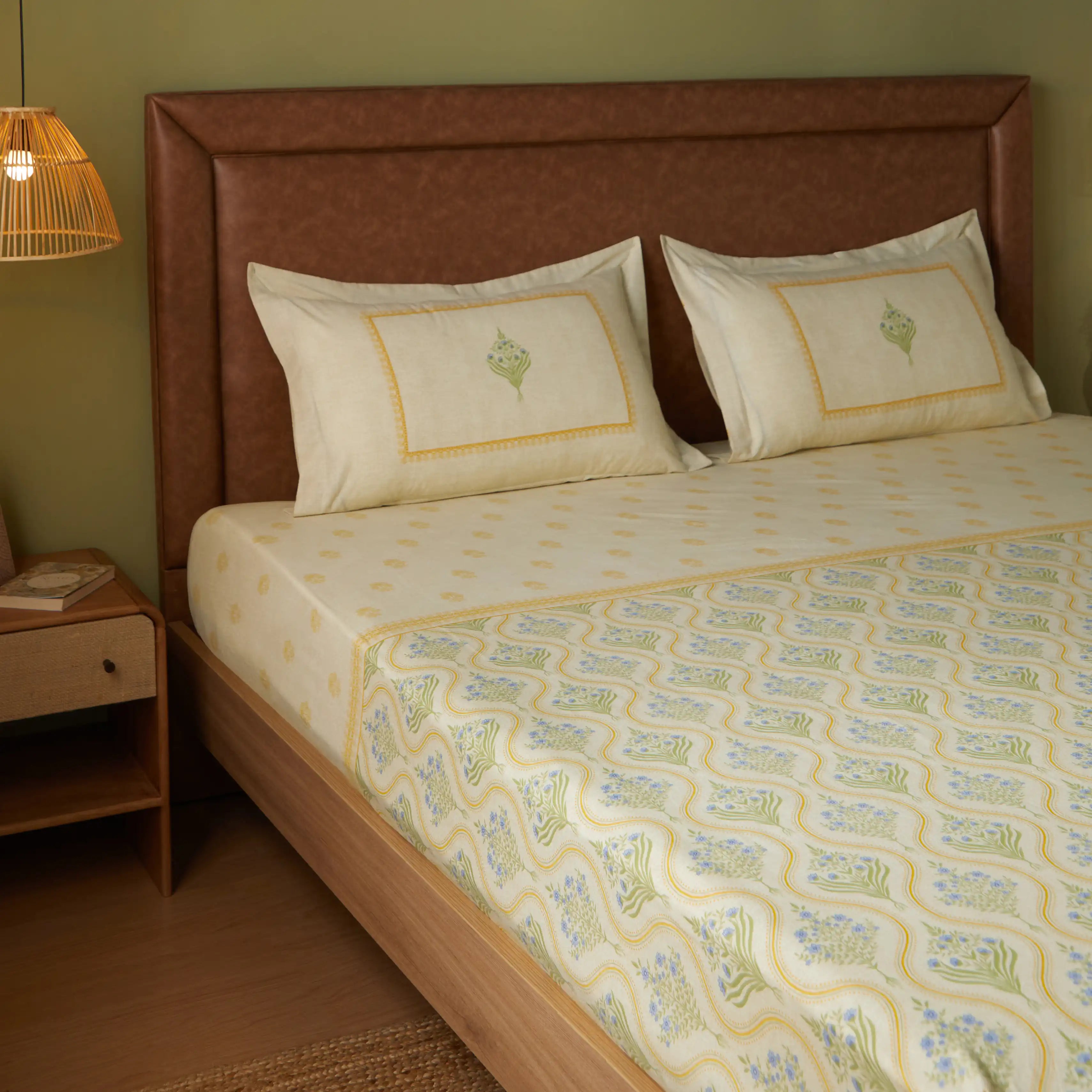 Chippa Lane | Contemporary Indian Print Design Cotton Bedsheet Set-Mustard Mustard / Super King
