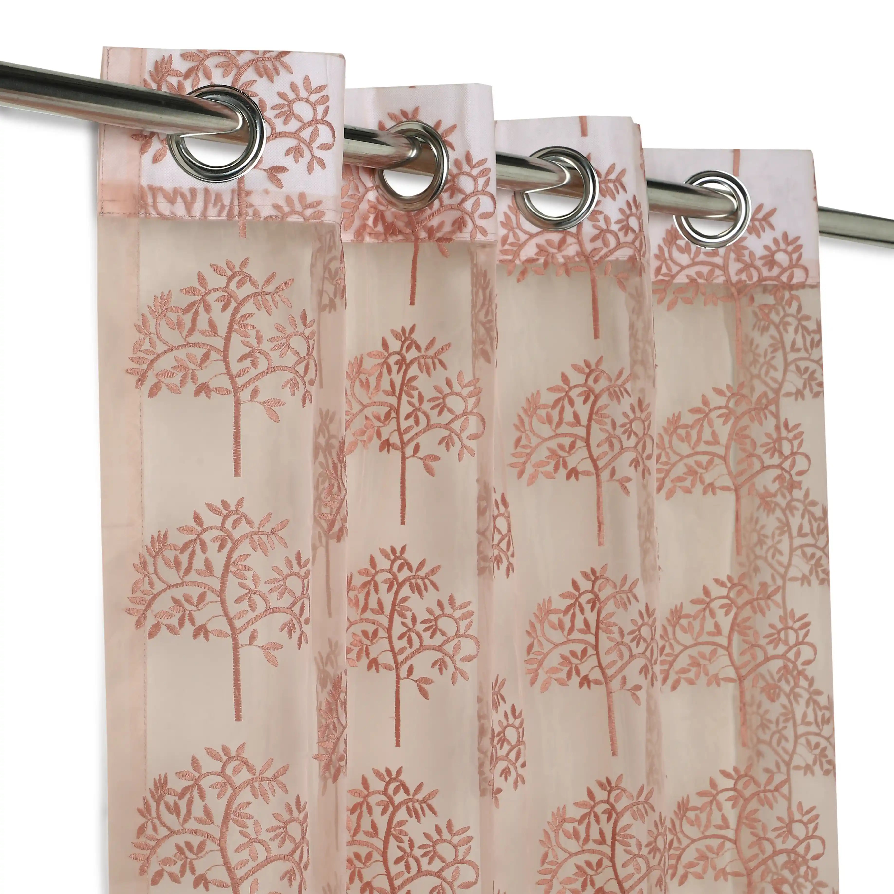 Velina Set Of 2 Embroidered Sheer Readymade Curtains | Botanical Trails Pink Whisper / Door (3.60ft X 7.22ft)