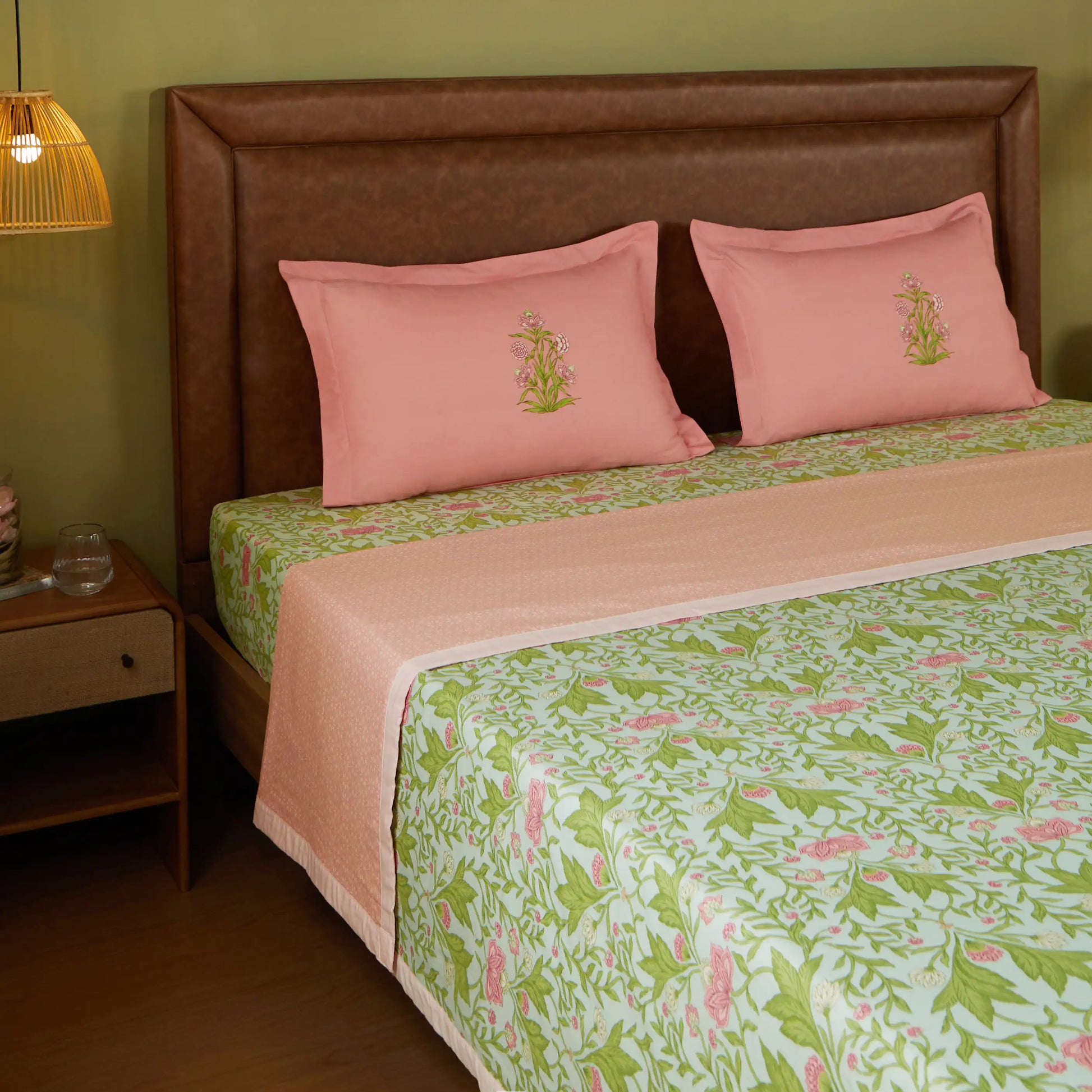Chippa Lane | Contemporary Indian Print Design Coordinated Bedding Set | Set of Bedsheet & Dohar Sage Mint / Double