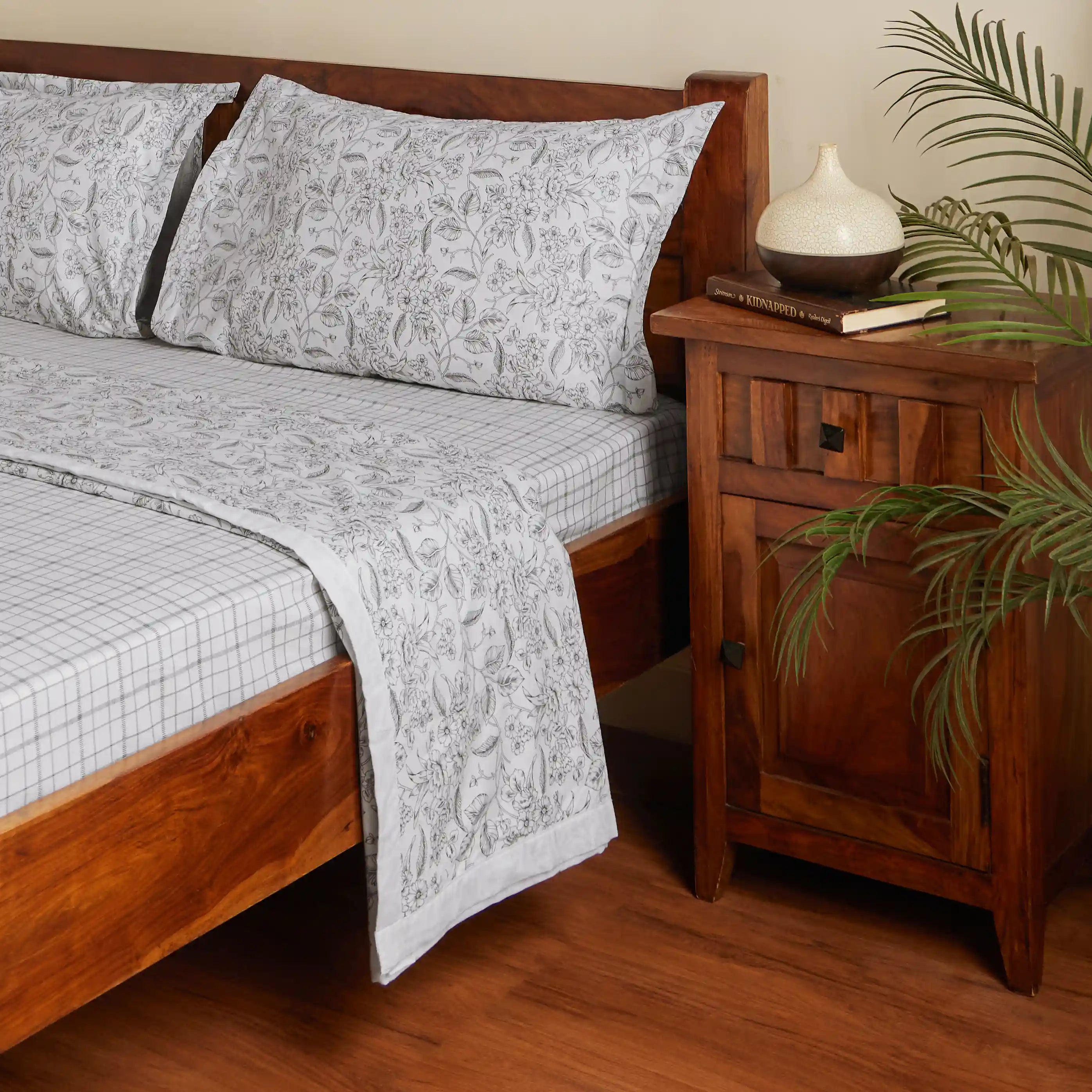 Mishella Printed Charcoal Checks Bedding Set-2 (Dbl Bedsheet + 2 Sgl Dohar) Charcoal Checks / Double