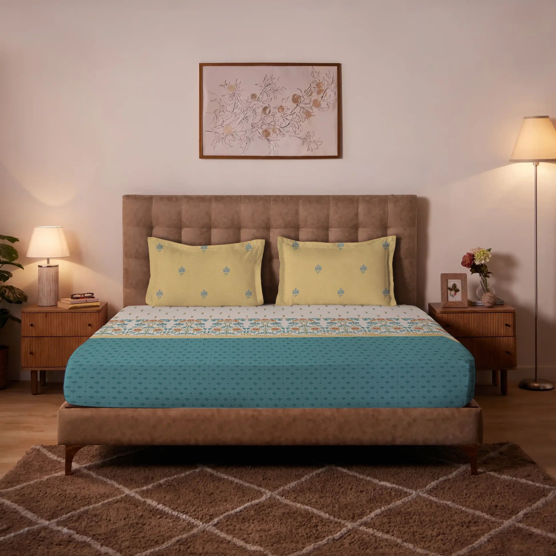 Udyan Tales | Vibrant Ethnic Printed Cotton Bedsheet Set - Midnight Teal Midnight Teal / King