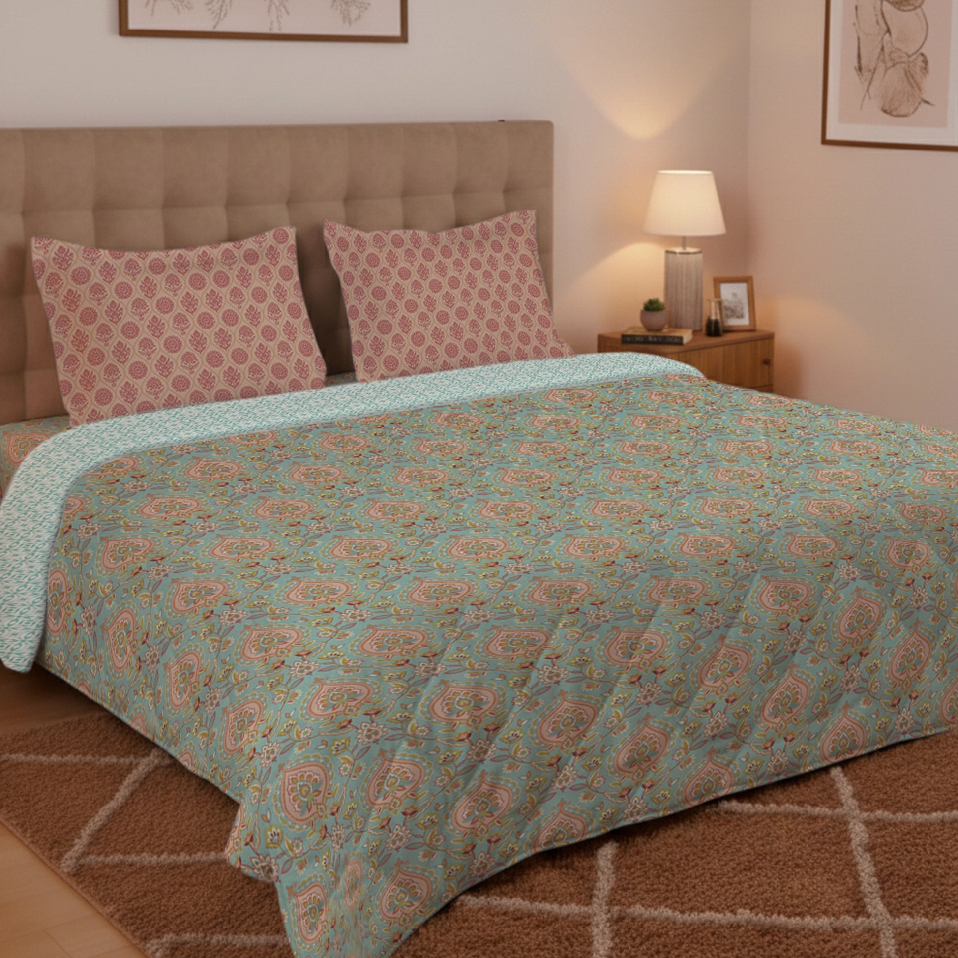 Aangan Weaves | Sage Green Traditional Printed 150 GSM Reversible Comforter - Sea Glass Sea Glass / Queen
