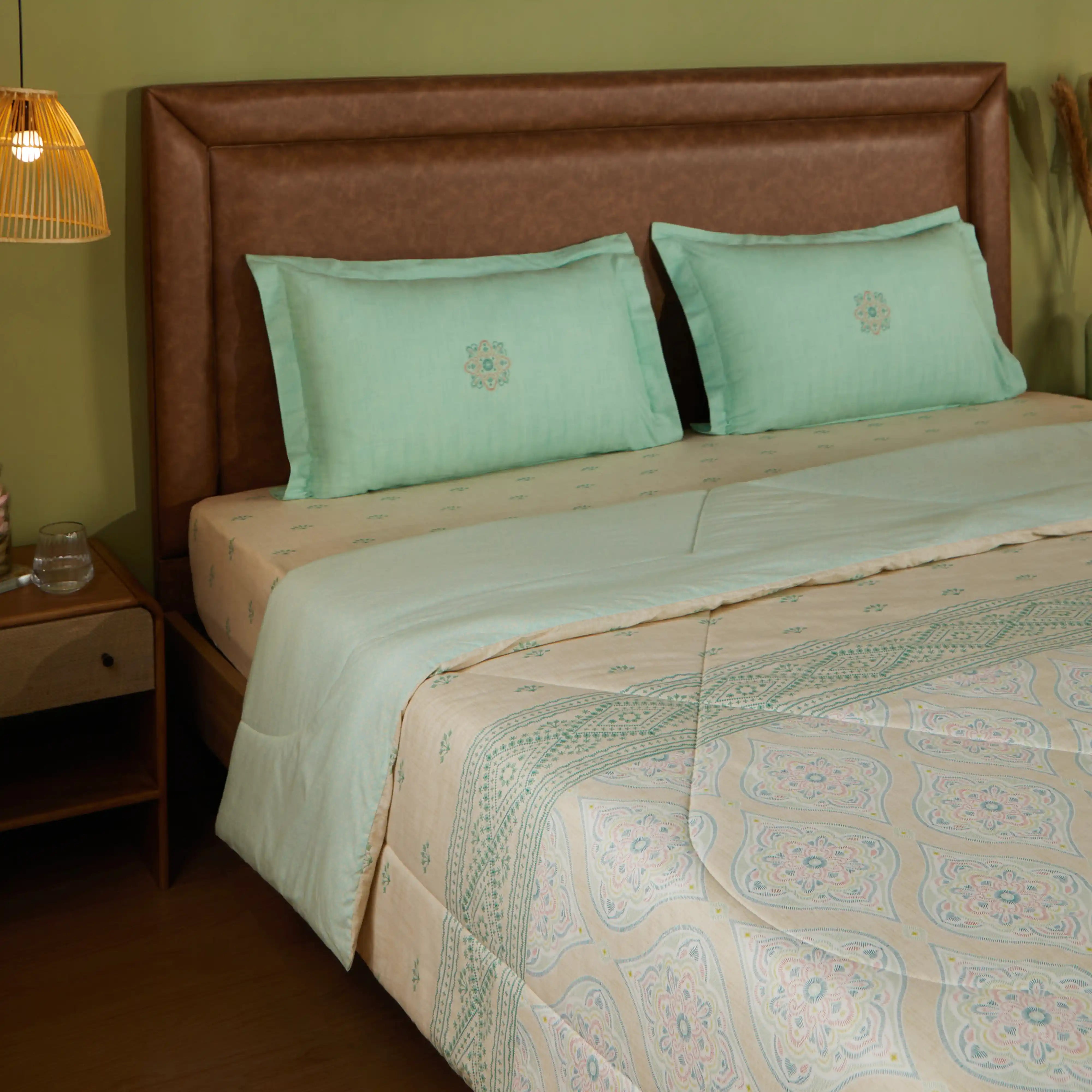 Chippa Lane | Contemporary Indian Print Design Coordinated Bedding Set | Set of Bedsheet & Comforter Sage / Double