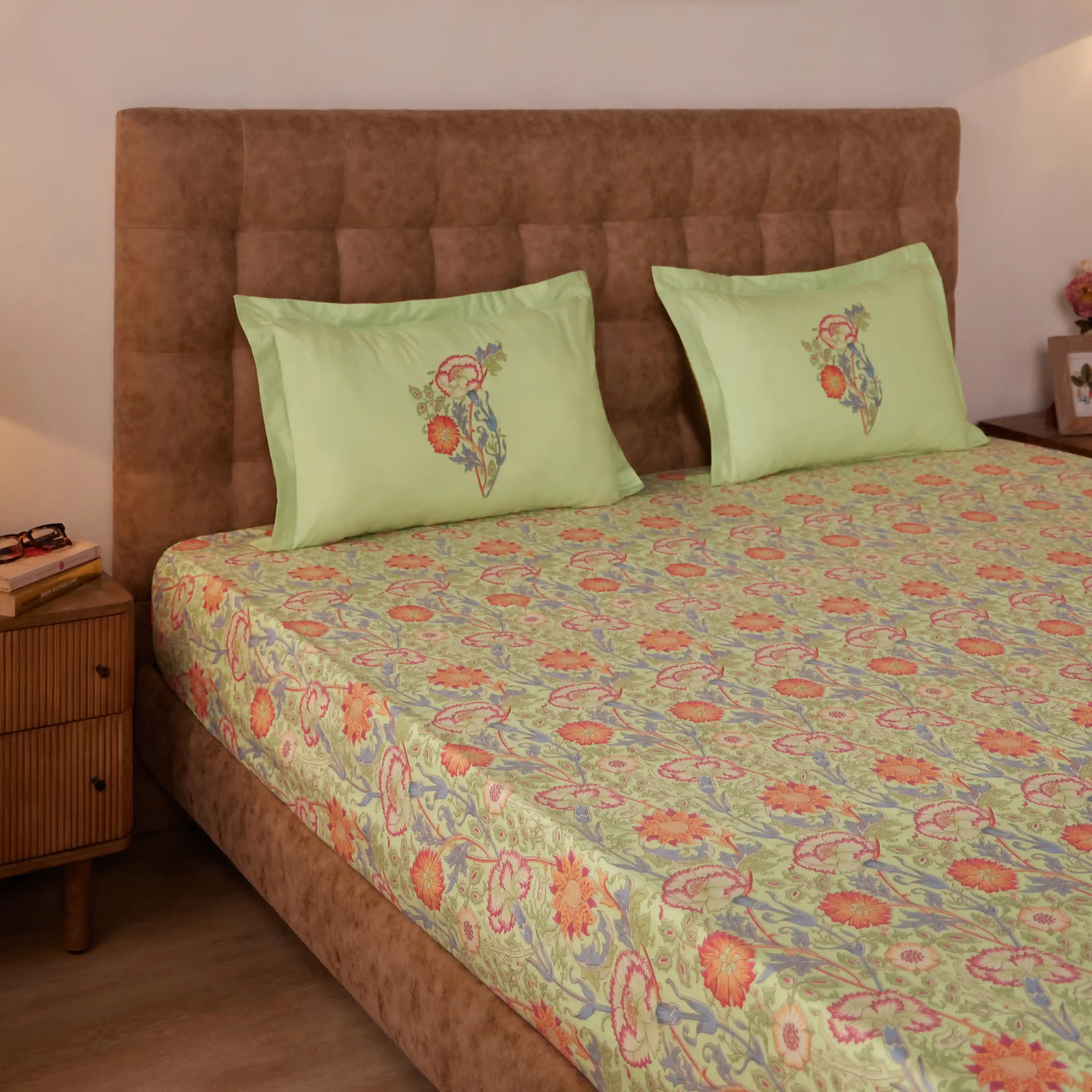 Chippa Lane | Contemporary Indian Print Design Cotton Fitted Sheet Set-Green Green / Queen