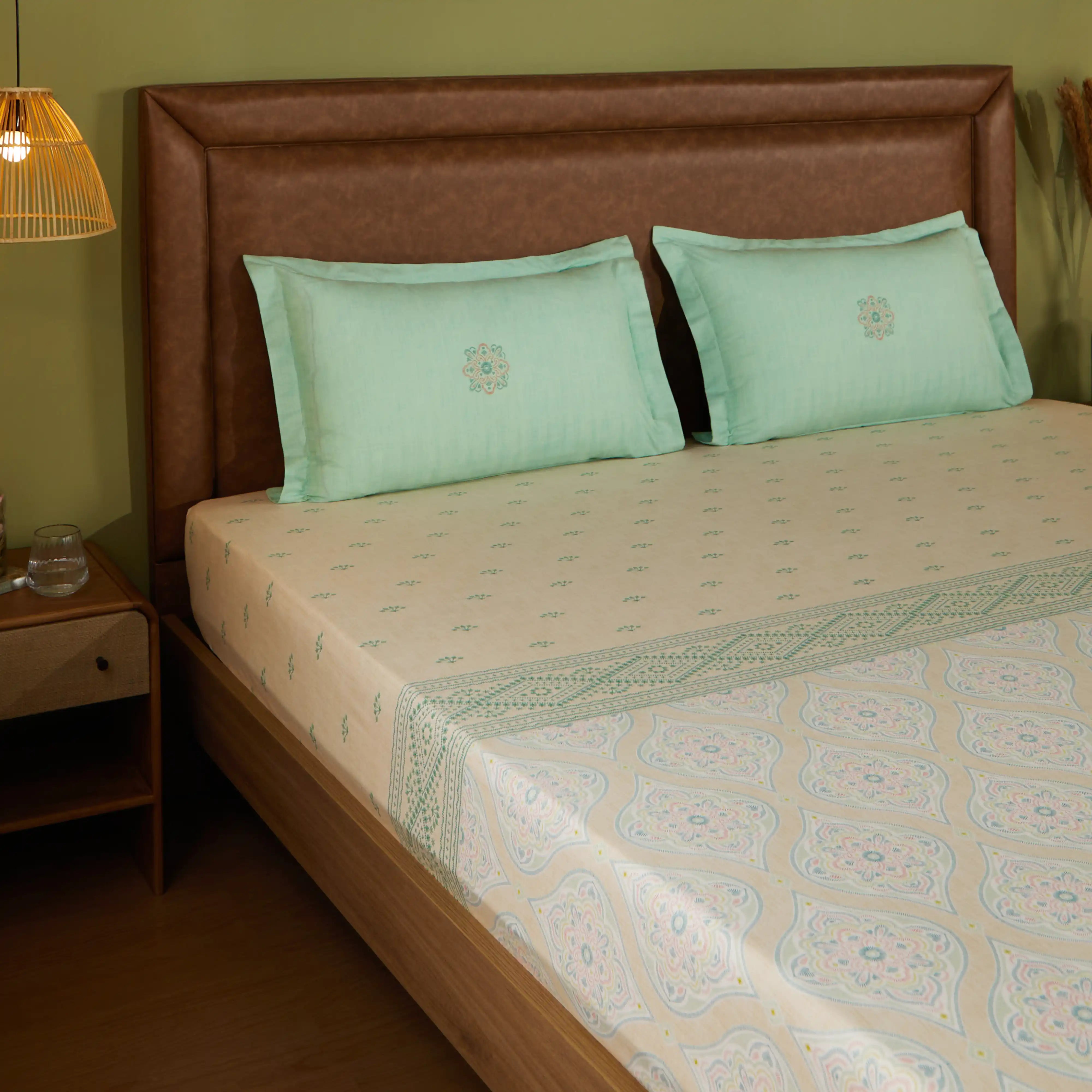 Chippa Lane | Contemporary Indian Print Design Cotton Fitted Sheet Set-Sage Sage / Queen